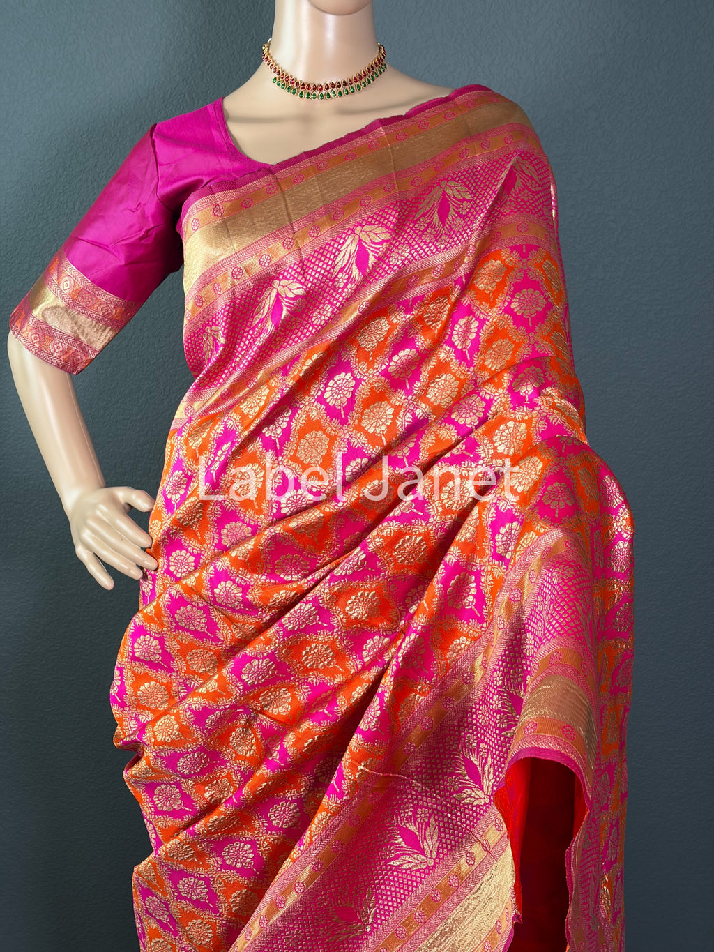 Maharani Blossom - Multi color Banarasi Silk saree with stitched blouse (34” - 42”)