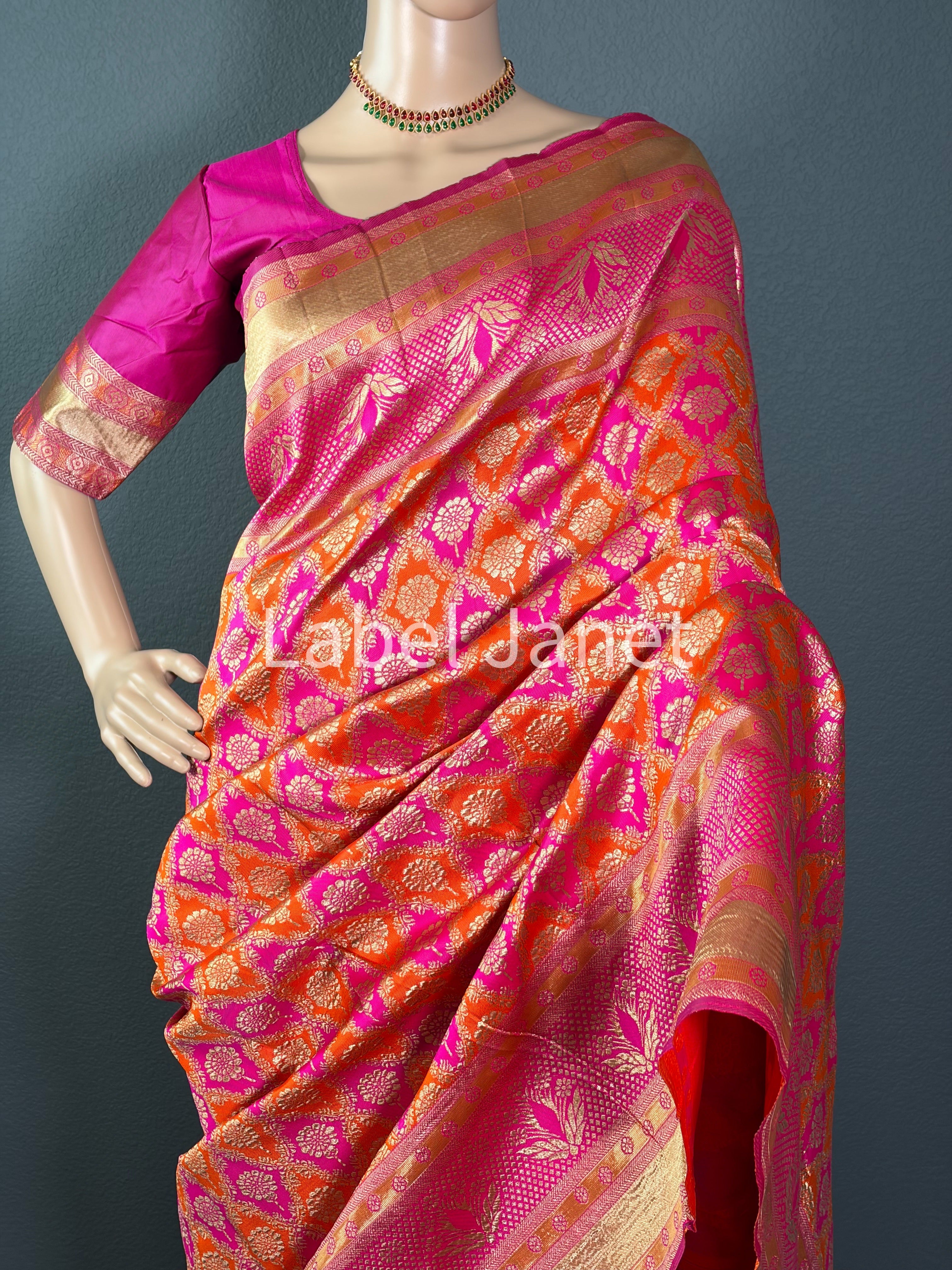 Maharani Blossom - Multi color Banarasi Silk saree with stitched blouse (34” - 42”)