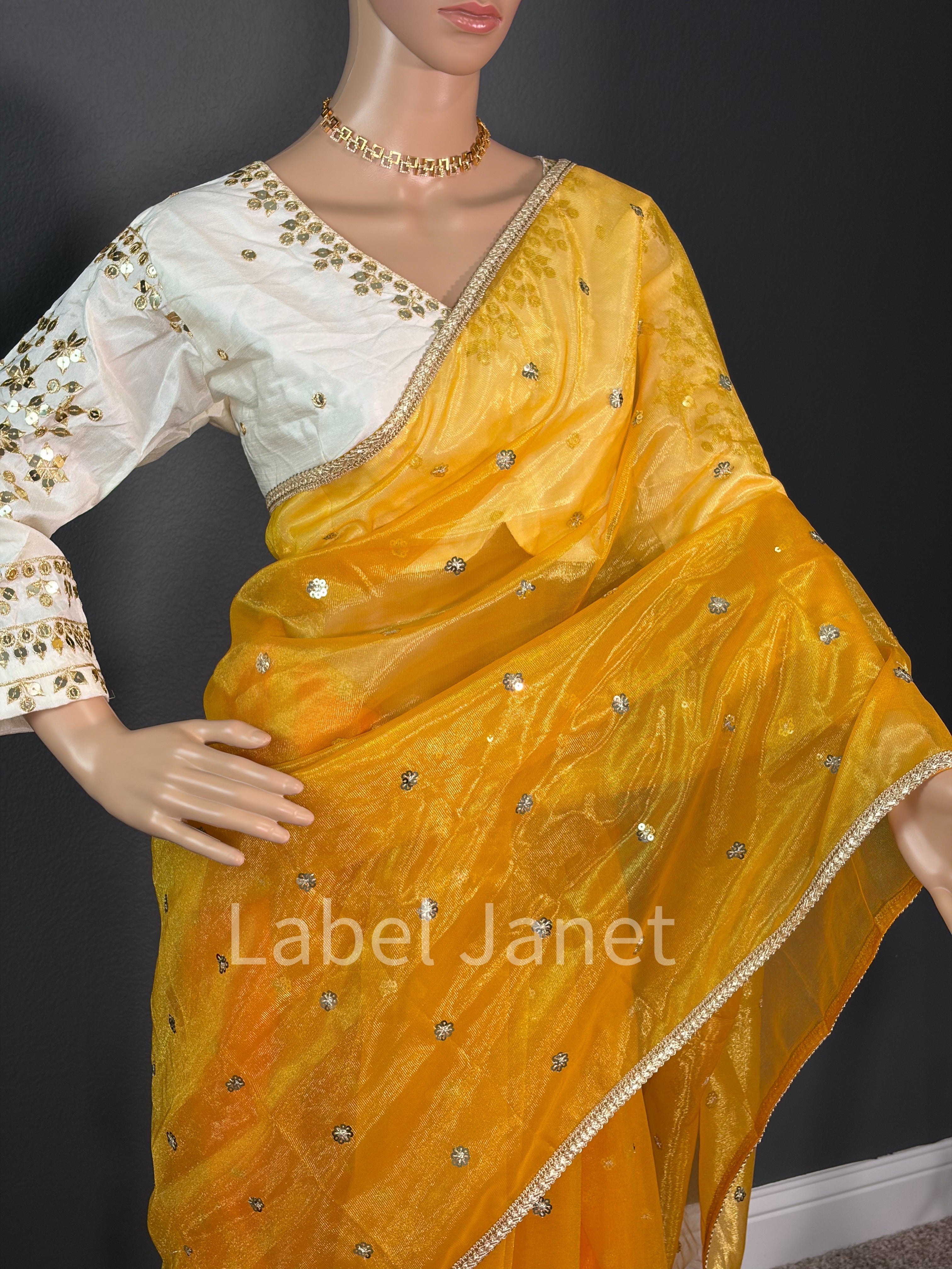 Golden Yellow Ombre Organza Saree with Designer Blouse (Bust 44")