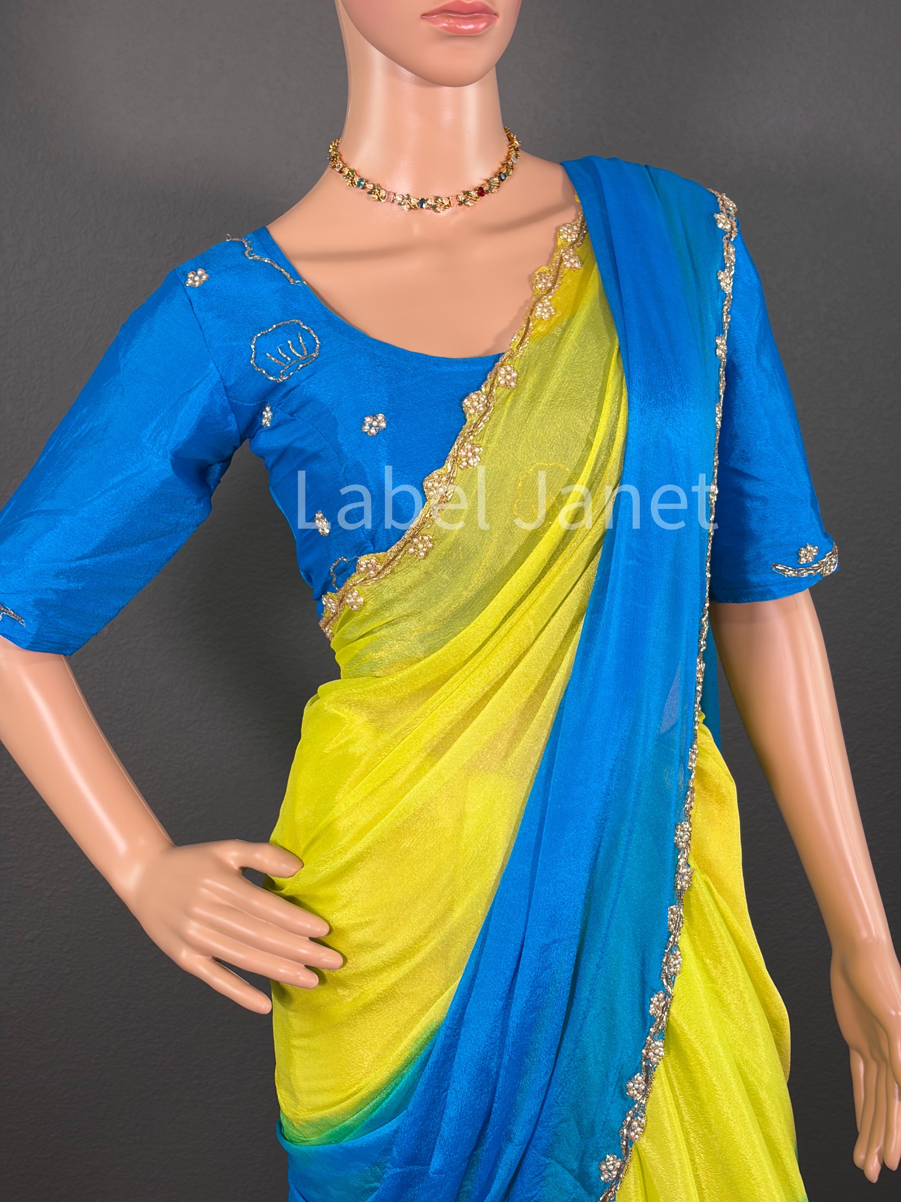 Dual Shaded Chinon Silk  Moti Handwork Saree with Stitched Blouse | Alterable (36" -42")