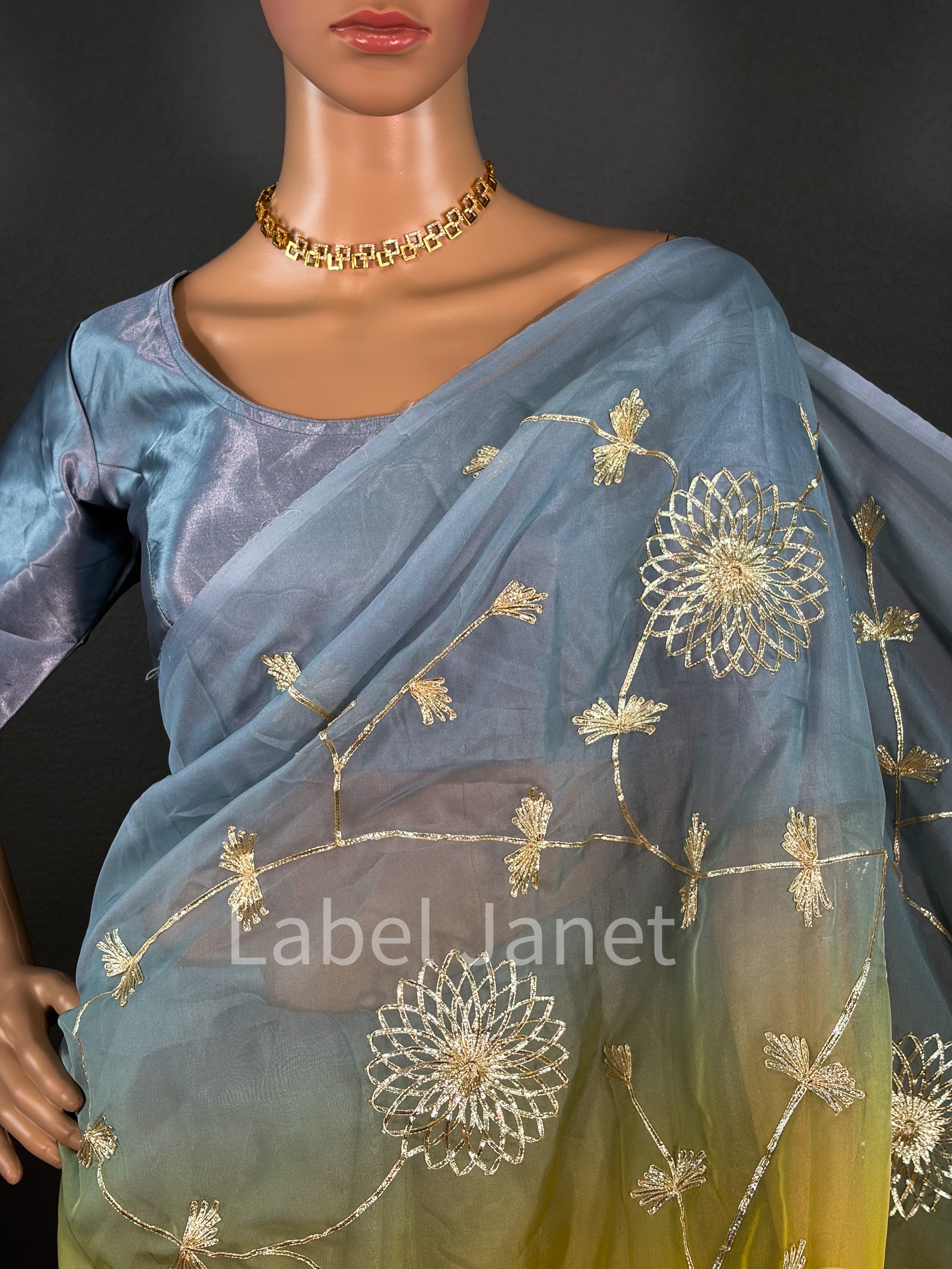 Embroidered Dual Shaded Saree with Stitched Blouse (Alterable 36-42")