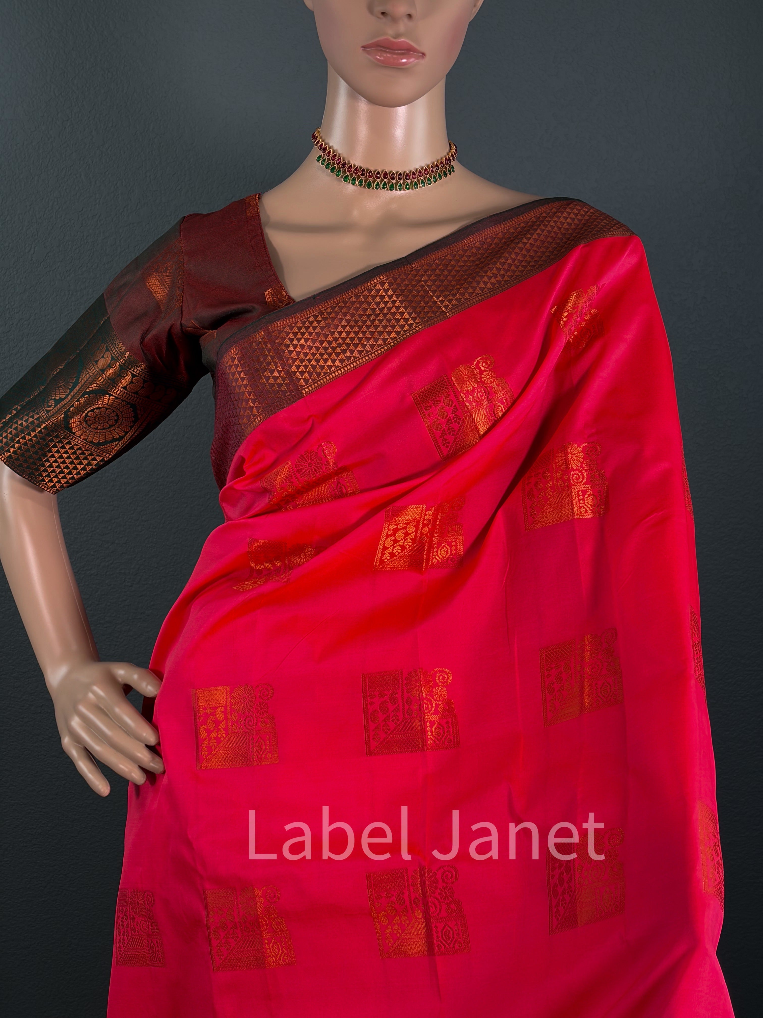 Bright Pink Kanjipuram Silk Saree with Stitched Blouse (34-42")