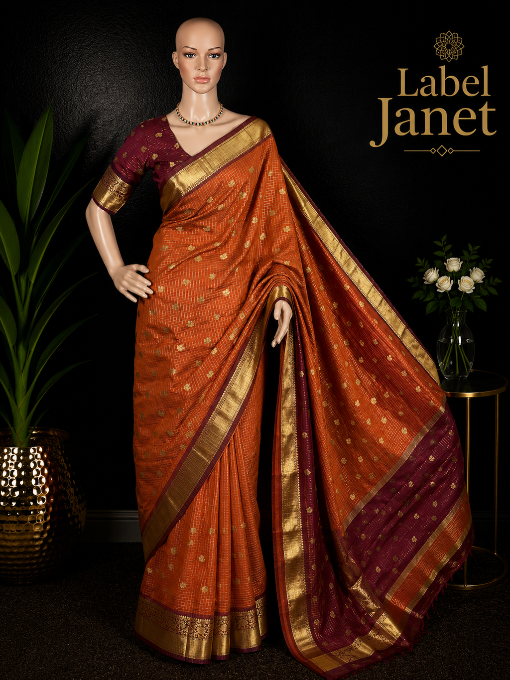Beauty in Orange - Checked Banarasi Saree with stitched blouse (34" - 42")