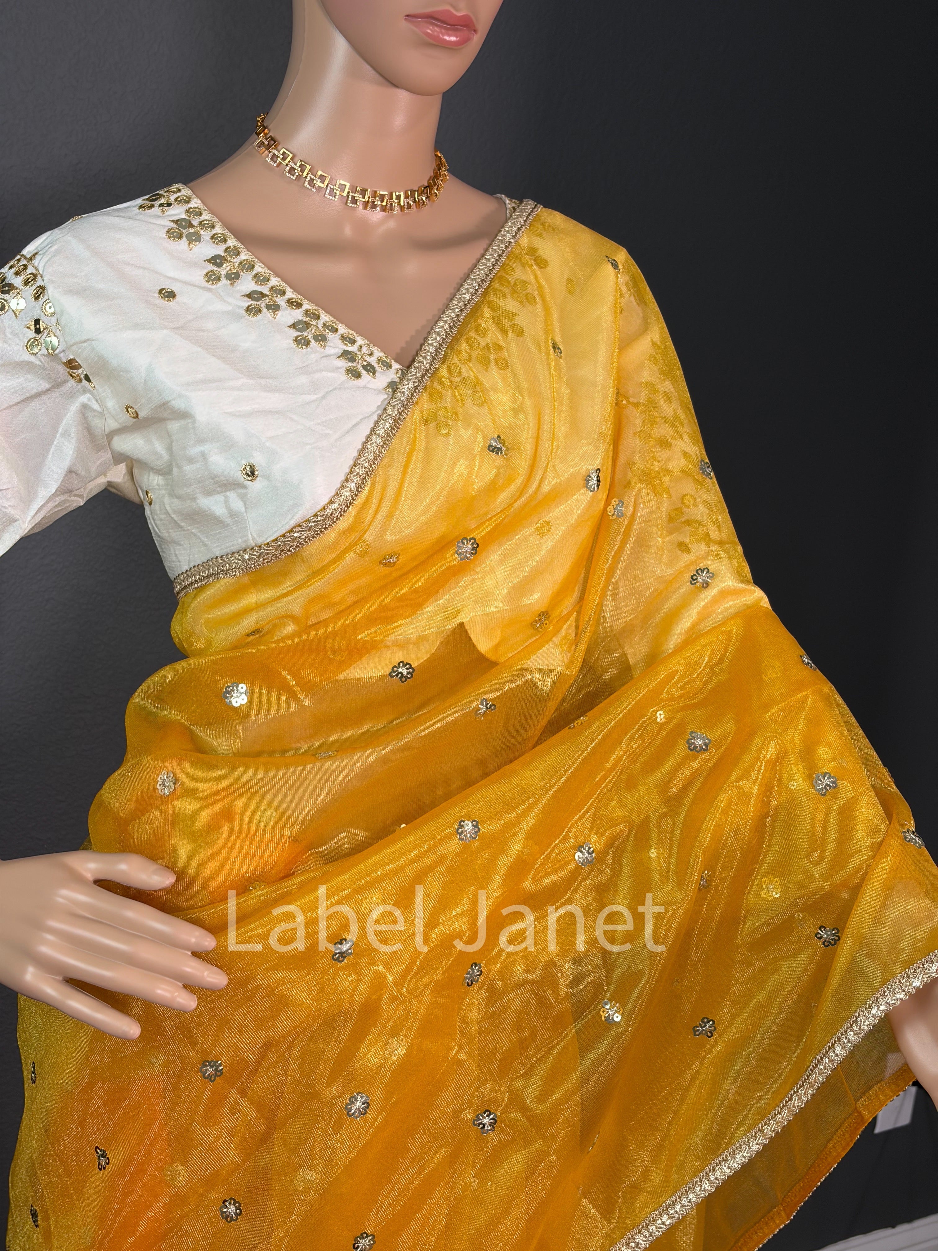 Golden Yellow Ombre Organza Saree with Designer Blouse (Bust 44")