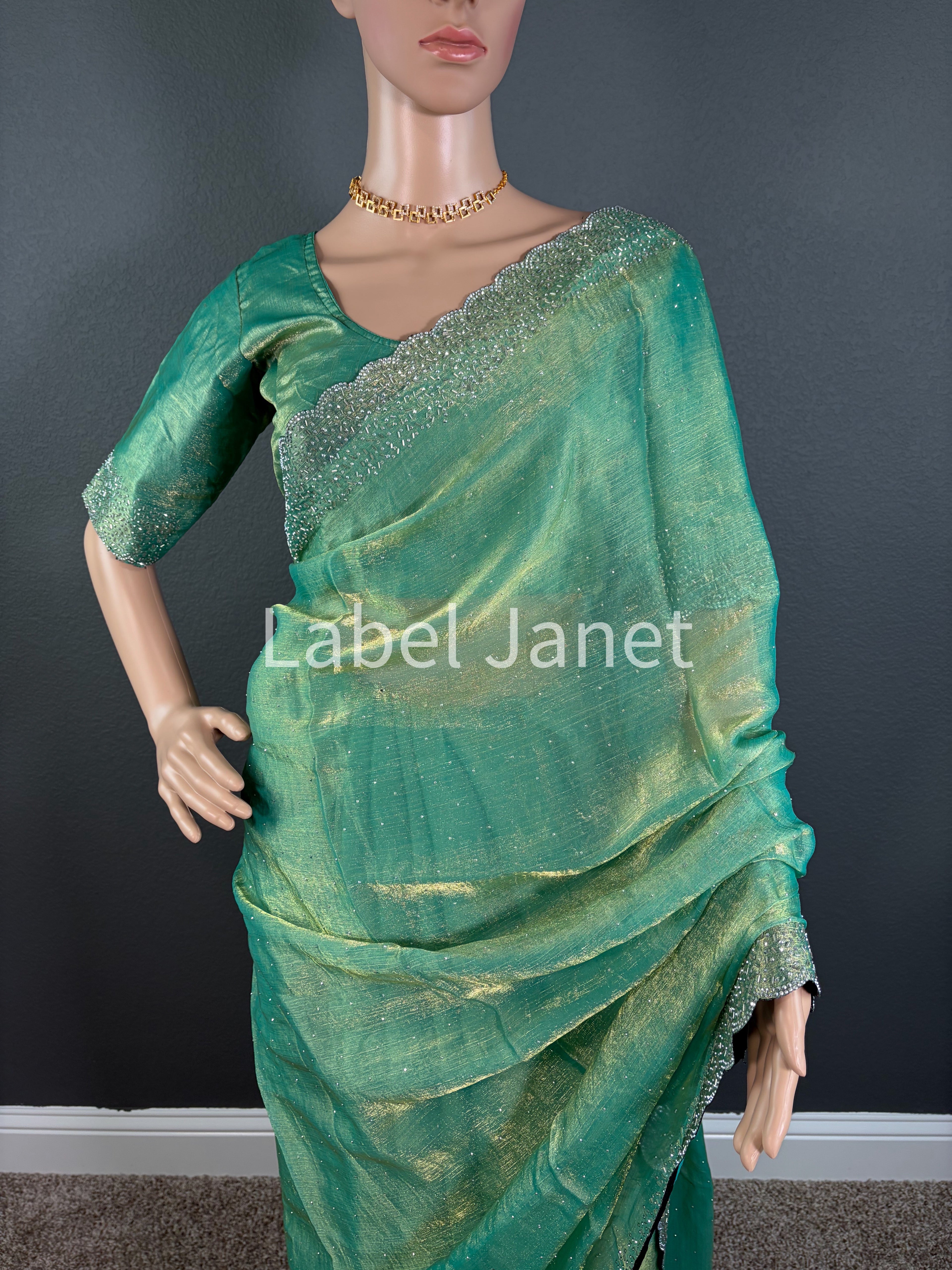 Green  Space Silk Saree with Jarkan Diamond & Stitched Blouse