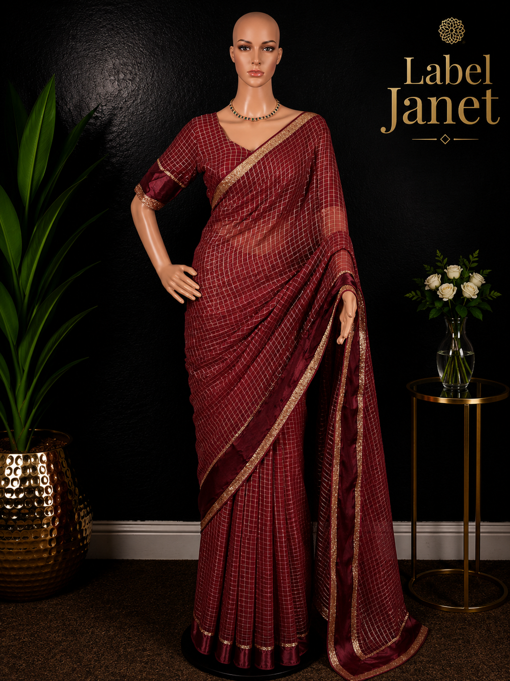 Royal Burgundy - Viscose Georgette Saree with stitched Blouse (34" - 42")