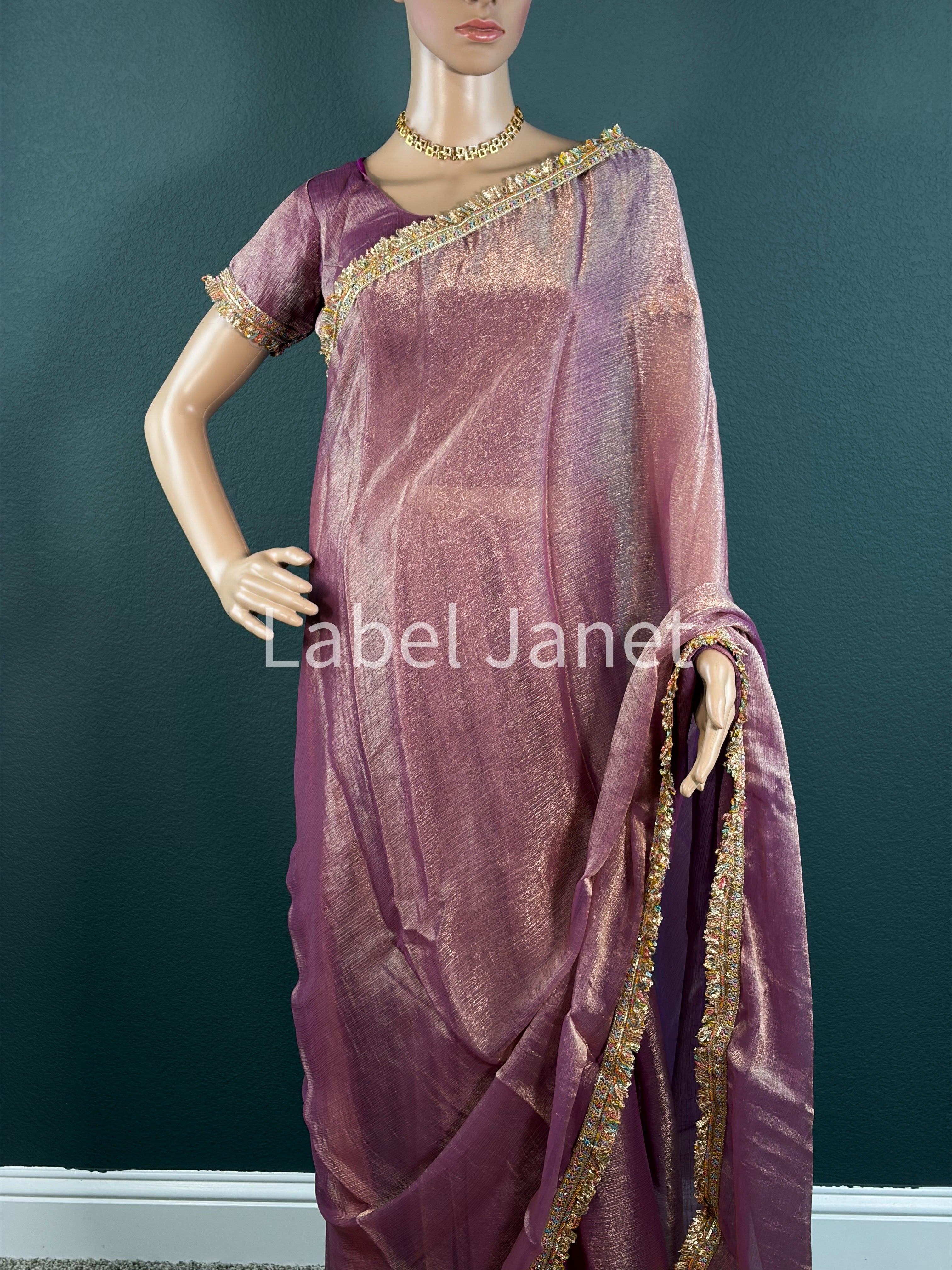 Dusty Rose Plain Saree with Multicolor Lace Border with Stitched Blouse | Party Wear