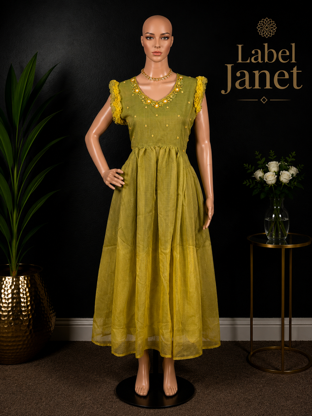 Green Parrot - Puff Sleeve Maxi Dress for women (M up to L)
