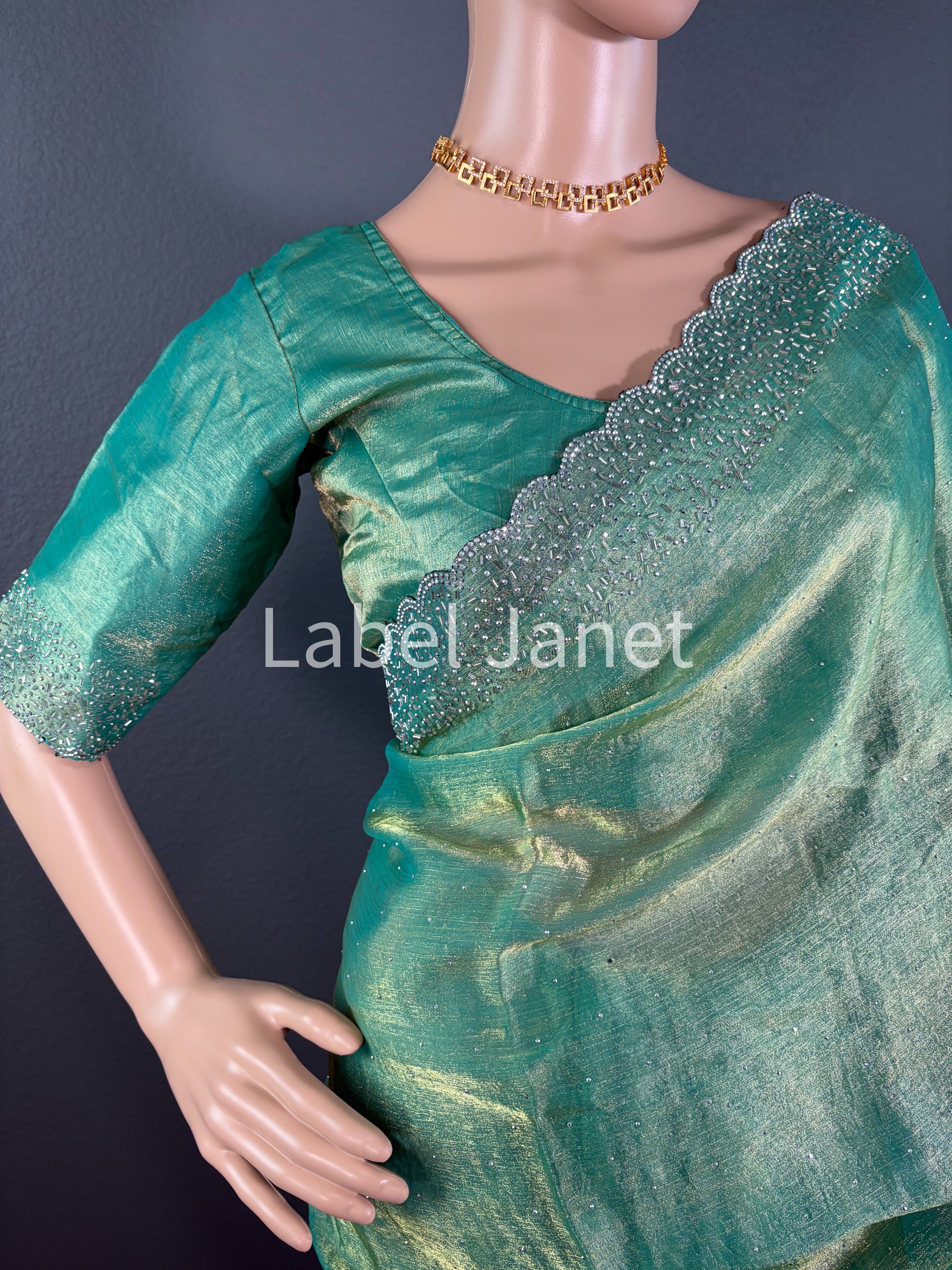 Green  Space Silk Saree with Jarkan Diamond & Stitched Blouse