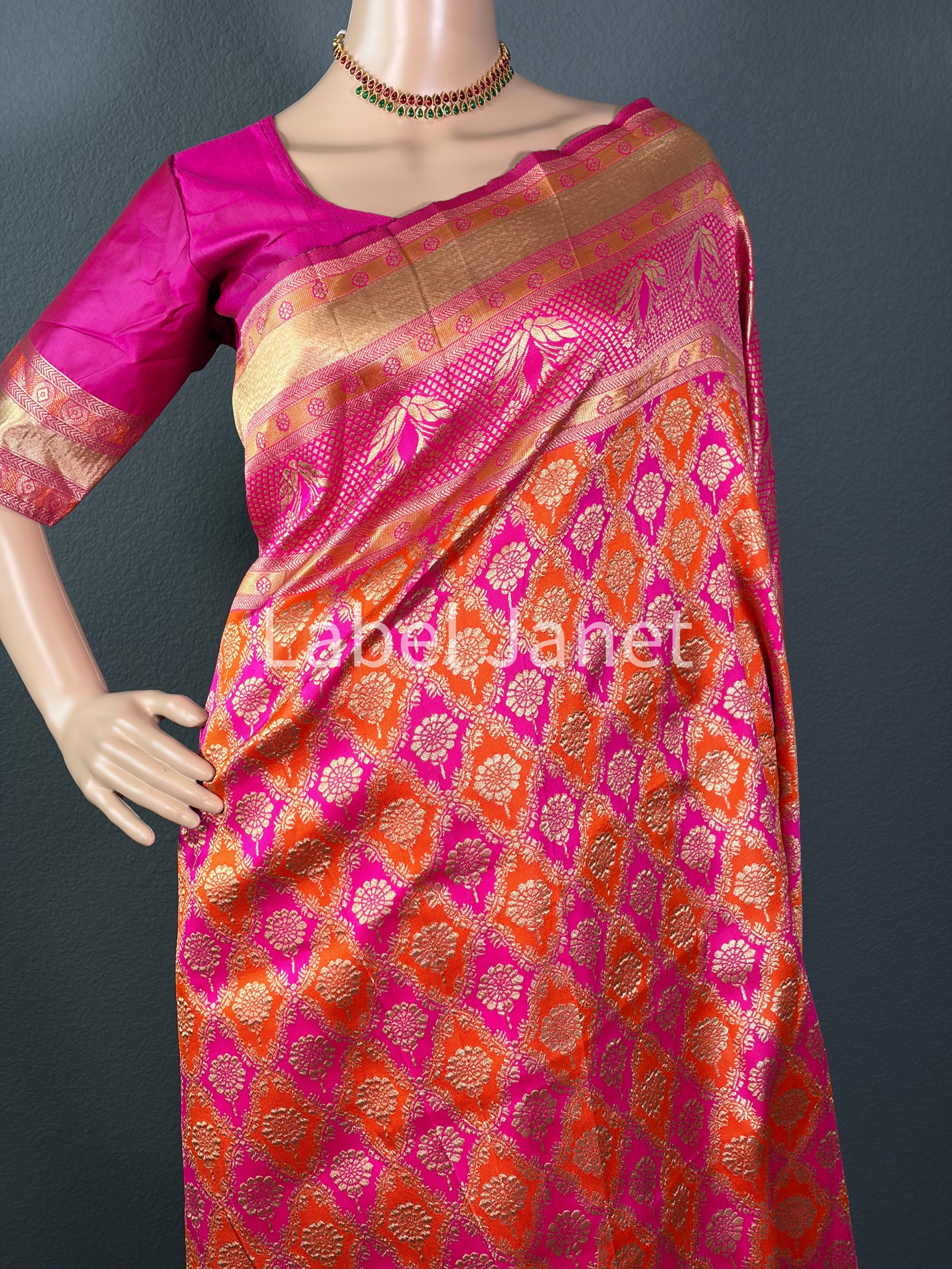 Maharani Blossom - Multi color Banarasi Silk saree with stitched blouse (34” - 42”)