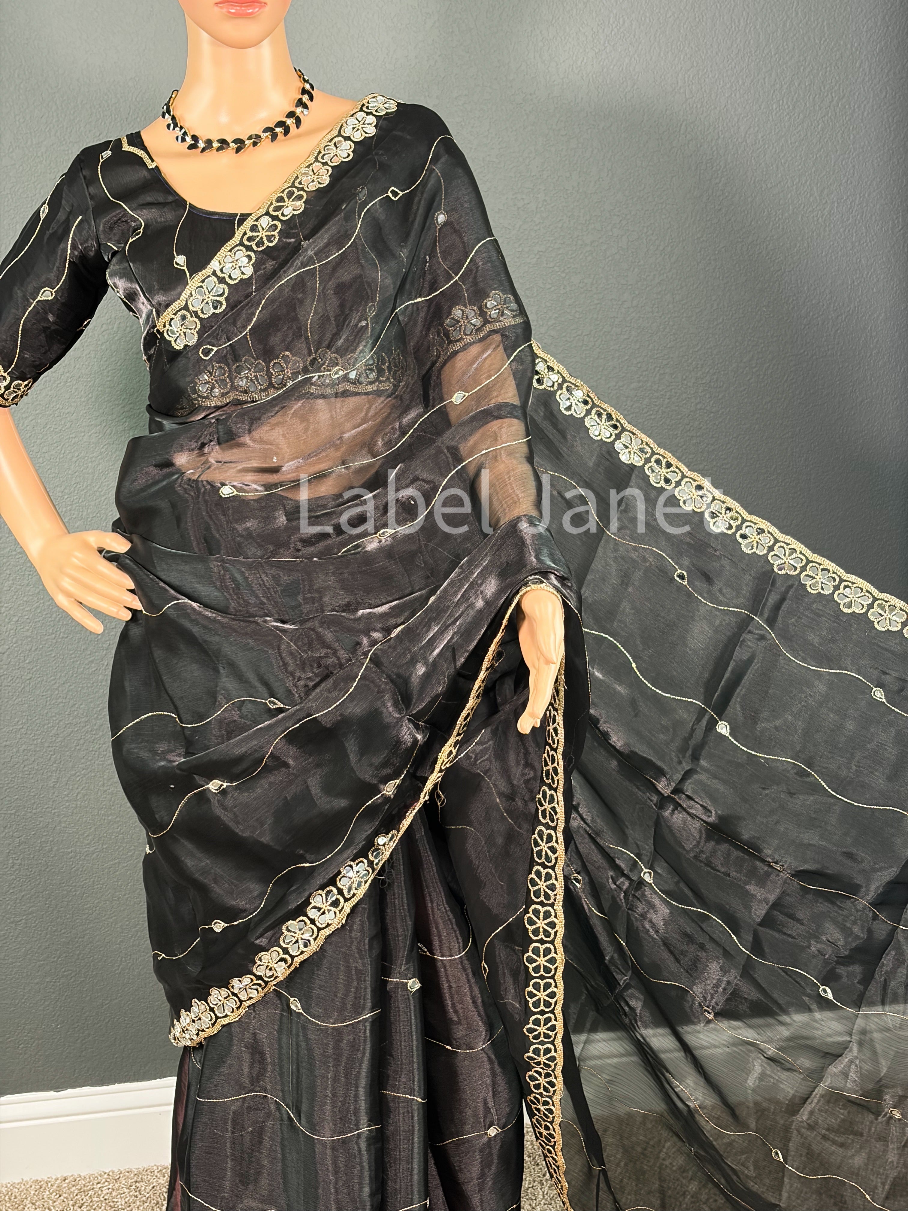 Black Organza Saree with stitched blouse | Alterable (36" - 42") | Party wear | Indian saree