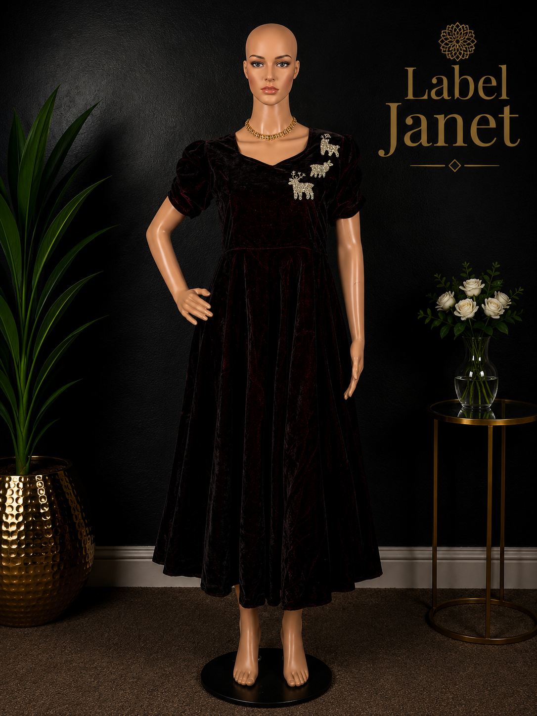 Velvet Reindeer - Maroon Velvet Maxi Dress for women,(M up to L)