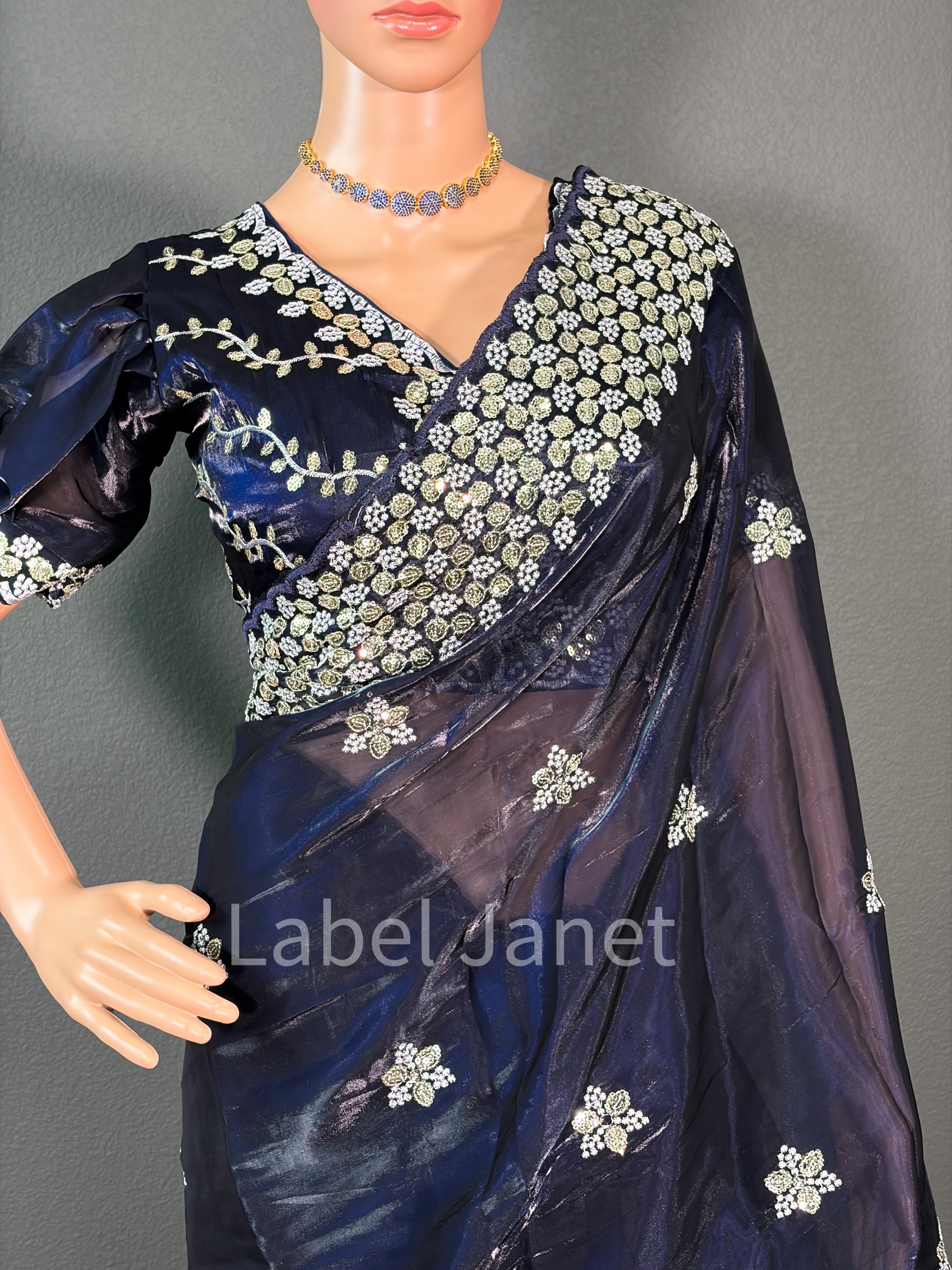Dark Blue Jimmy Choo Silk Sequence Saree with Stitched Blouse | Alterable ( 38" - 42")