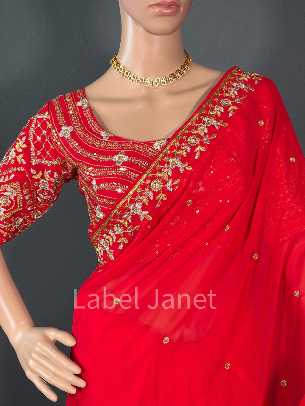 Royal Ruby - Red Georgette Embroidered Saree with blouse