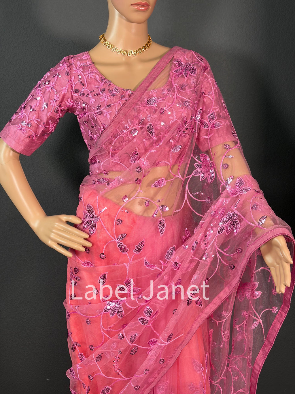 Pink Wink - Party wear netted saree with blouse