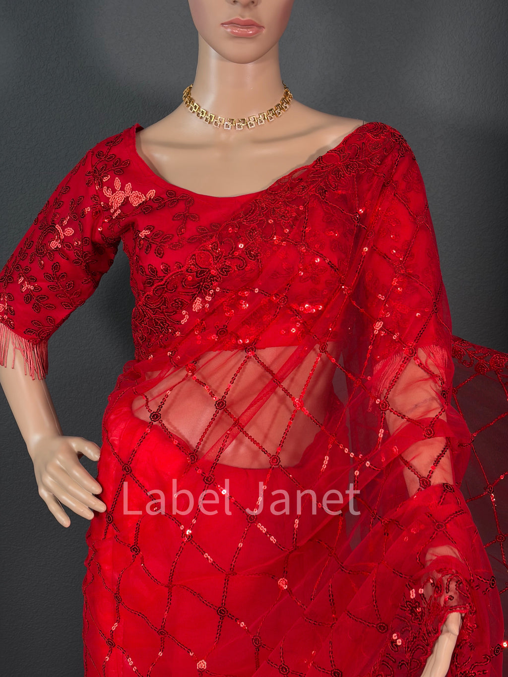 Blood Red Glam Red Saree - Party wear netted saree with blouse
