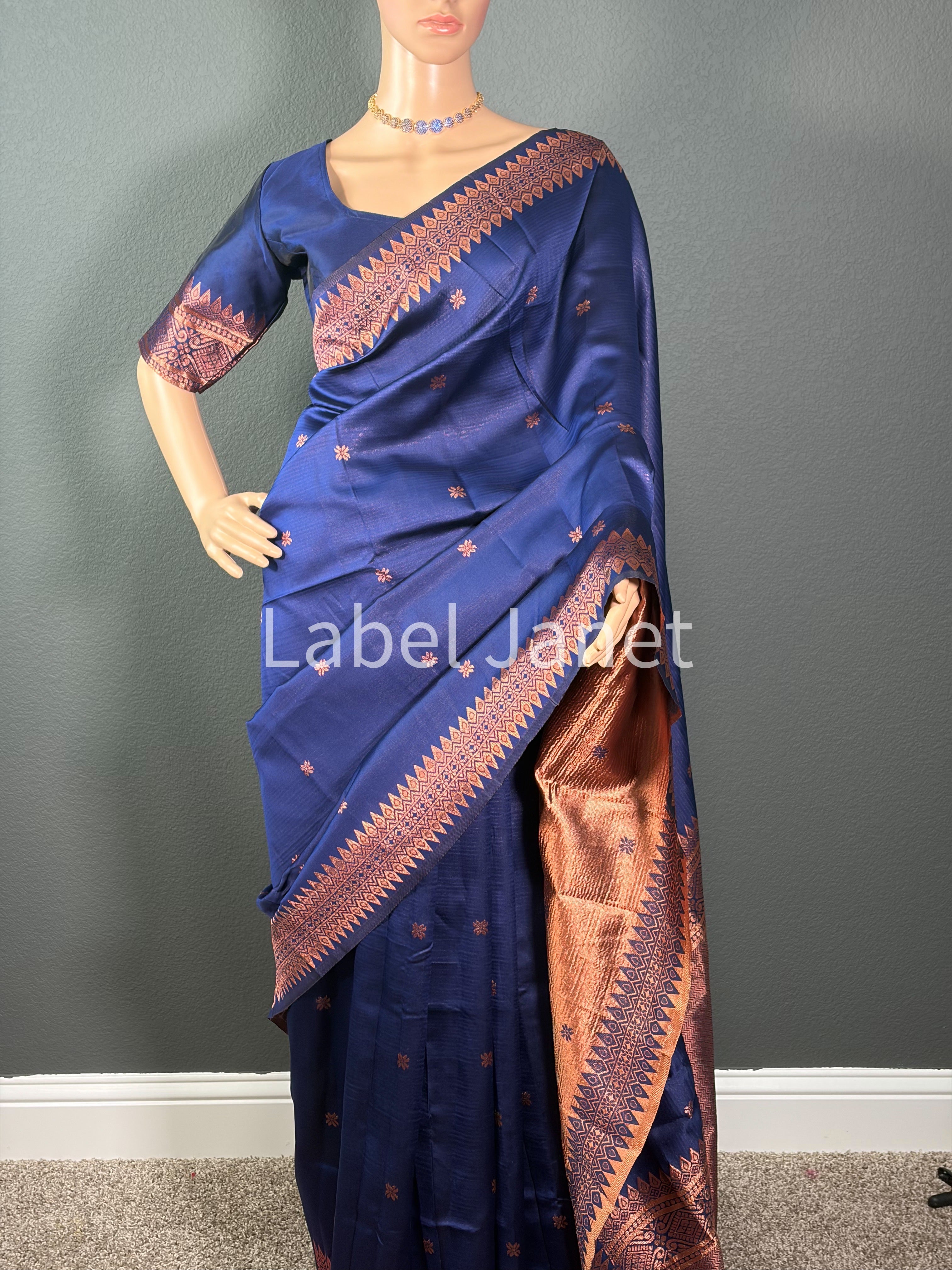 Blue Banarasi Soft Silk Saree with Stitched Blouse (36" - 42")