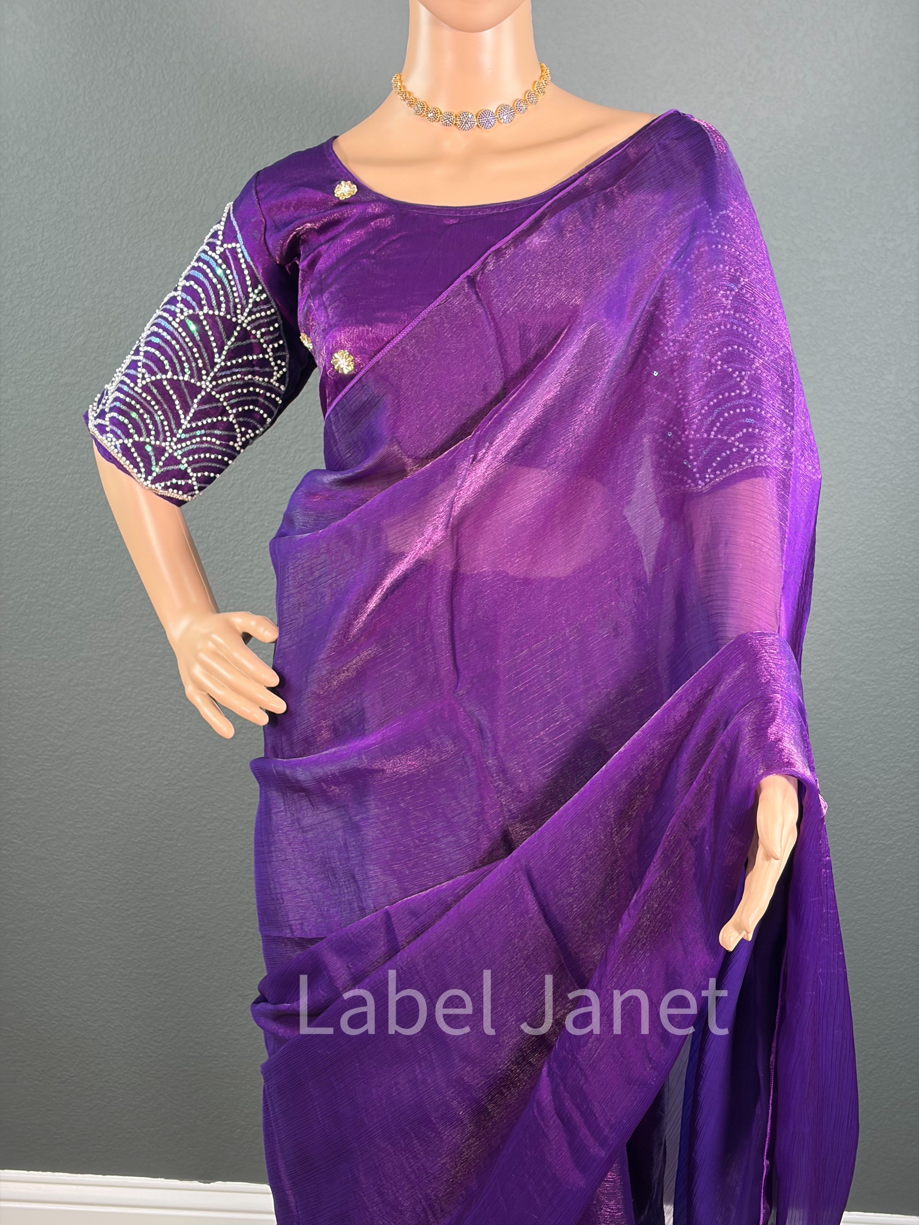 Dark Purple Plain  Space silk saree with stitched blouse (36" - 42")