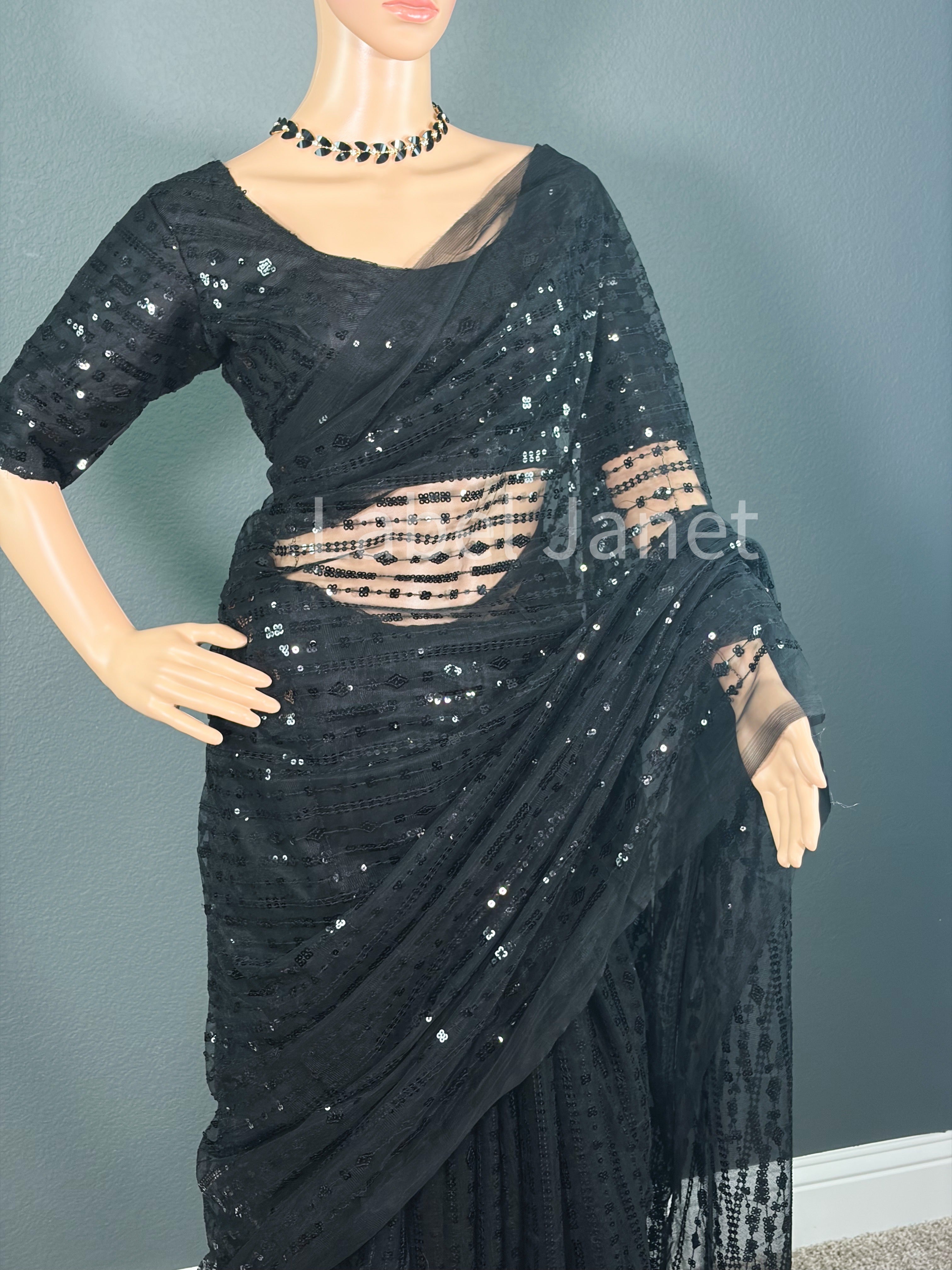 Black Net Sequence Saree with Stitched Blouse | Party wear | Alterable (36" - 42")