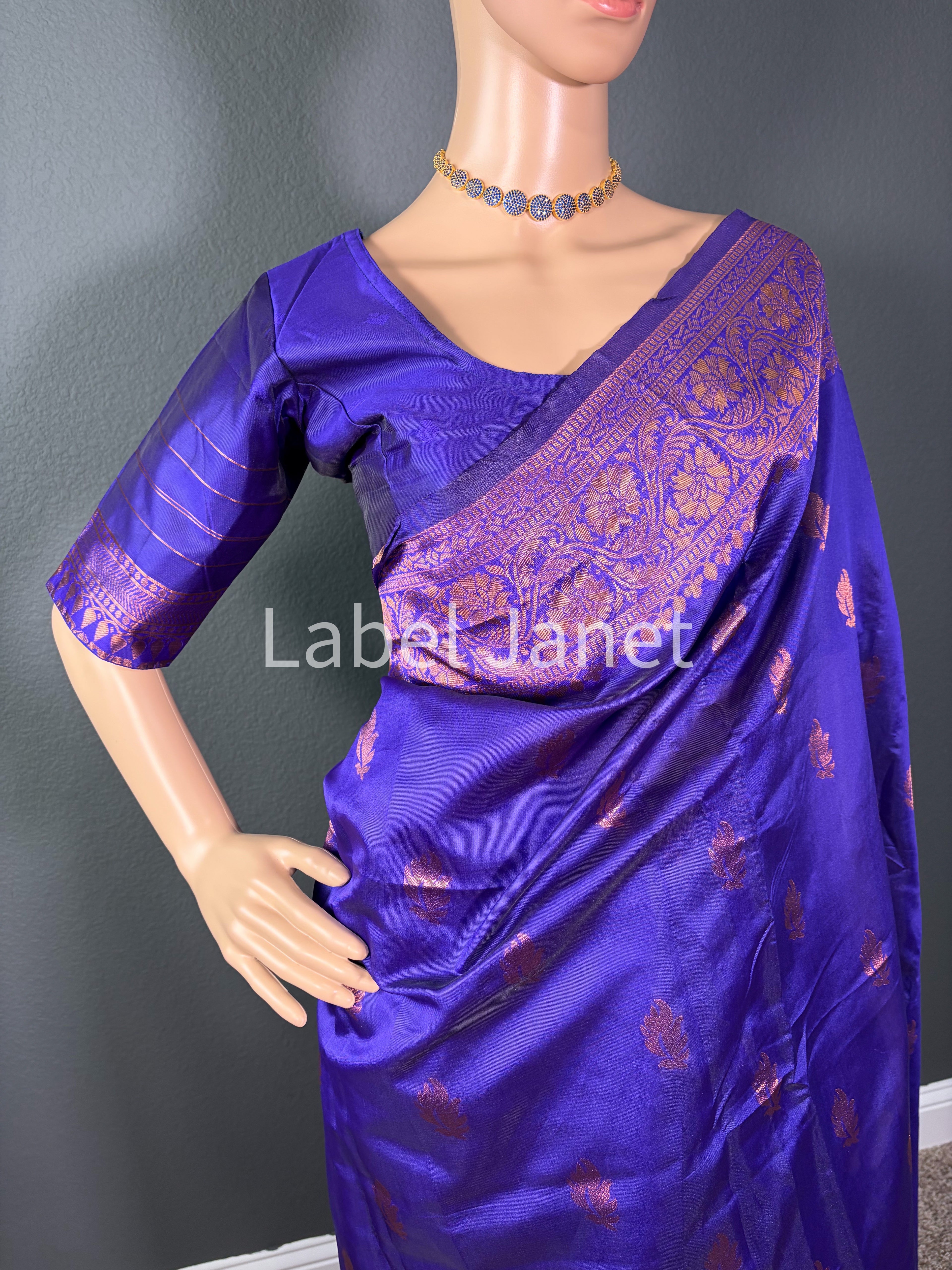 Blue Banarasi Soft Silk Saree with Stitched Blouse (36" - 42")