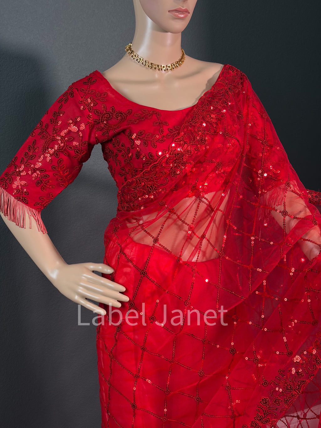 Blood Red Glam Red Saree - Party wear netted saree with blouse