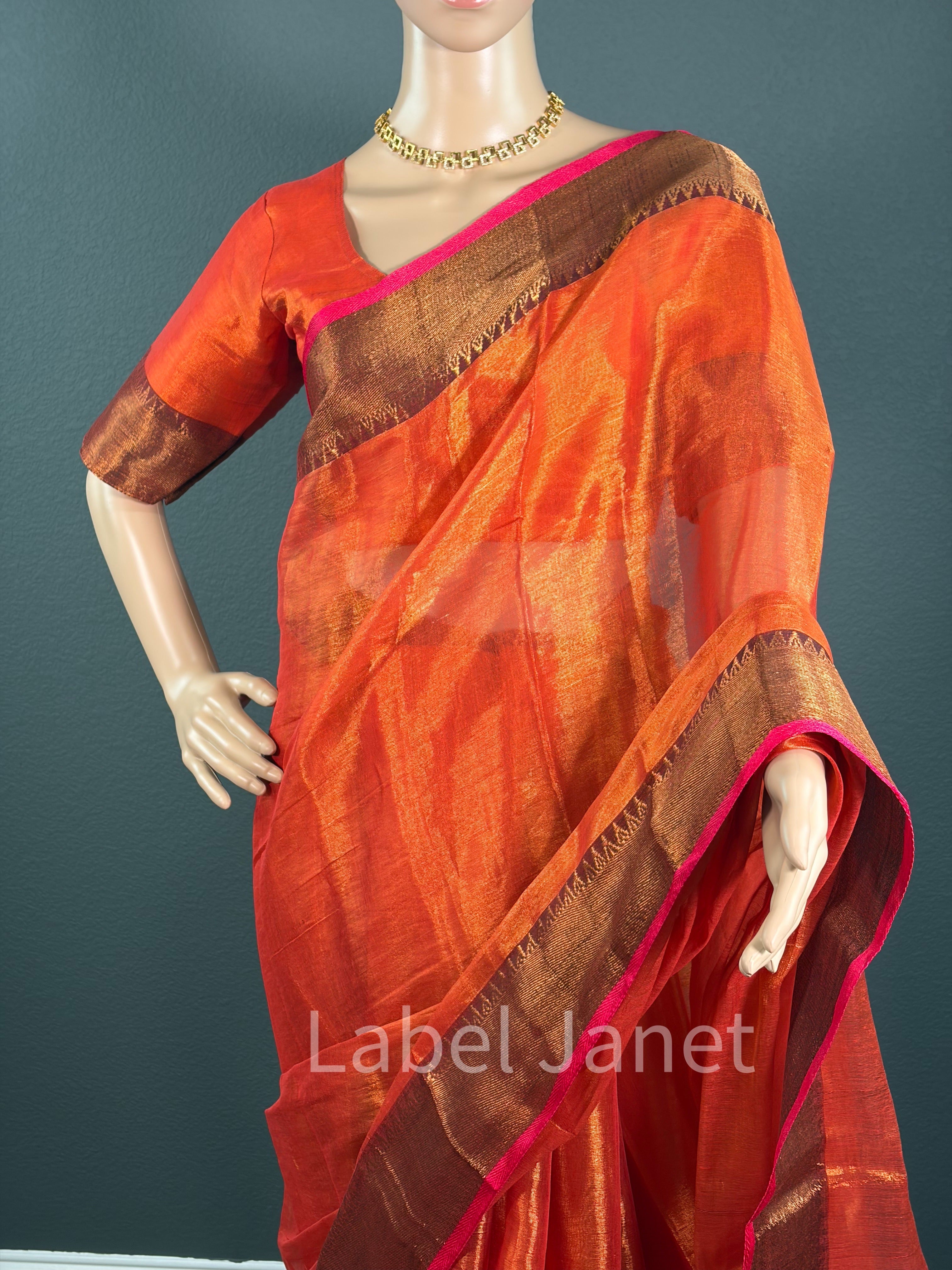 Glass Tissue Silk Saree with Princess-Cut Stitched Blouse (36-42")