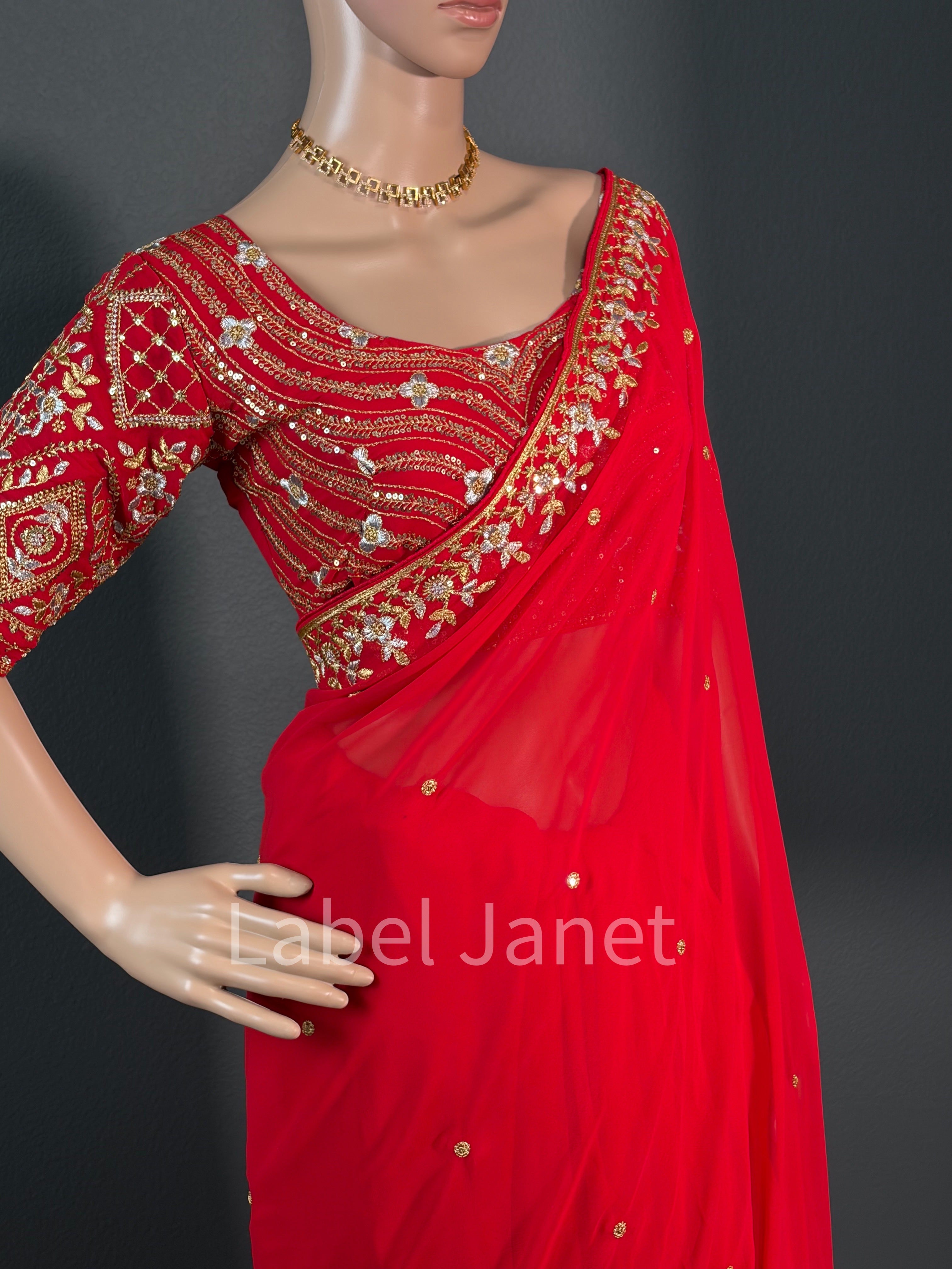 Royal Ruby - Red Georgette Embroidered Saree with blouse
