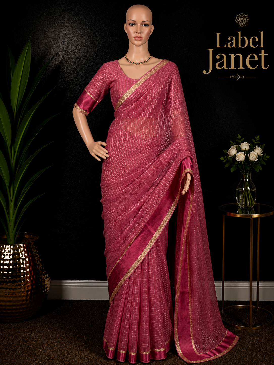 Rose Rani - Pink Viscose Georgette Saree with Stitched Blouse (34" - 42")