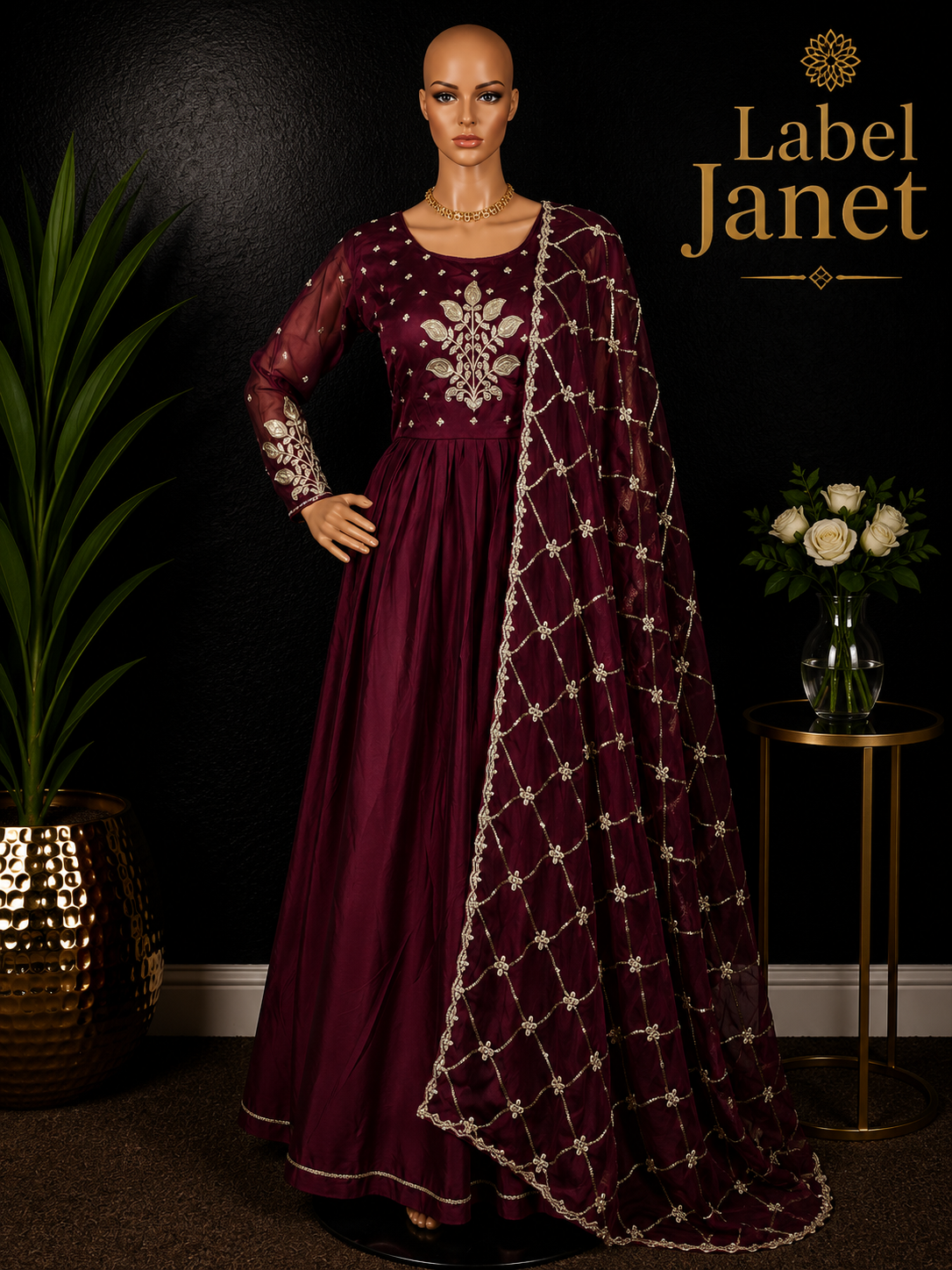 Ruby Rajkumari - Maroon Anarkali Gown with shawl for women (M up to L)