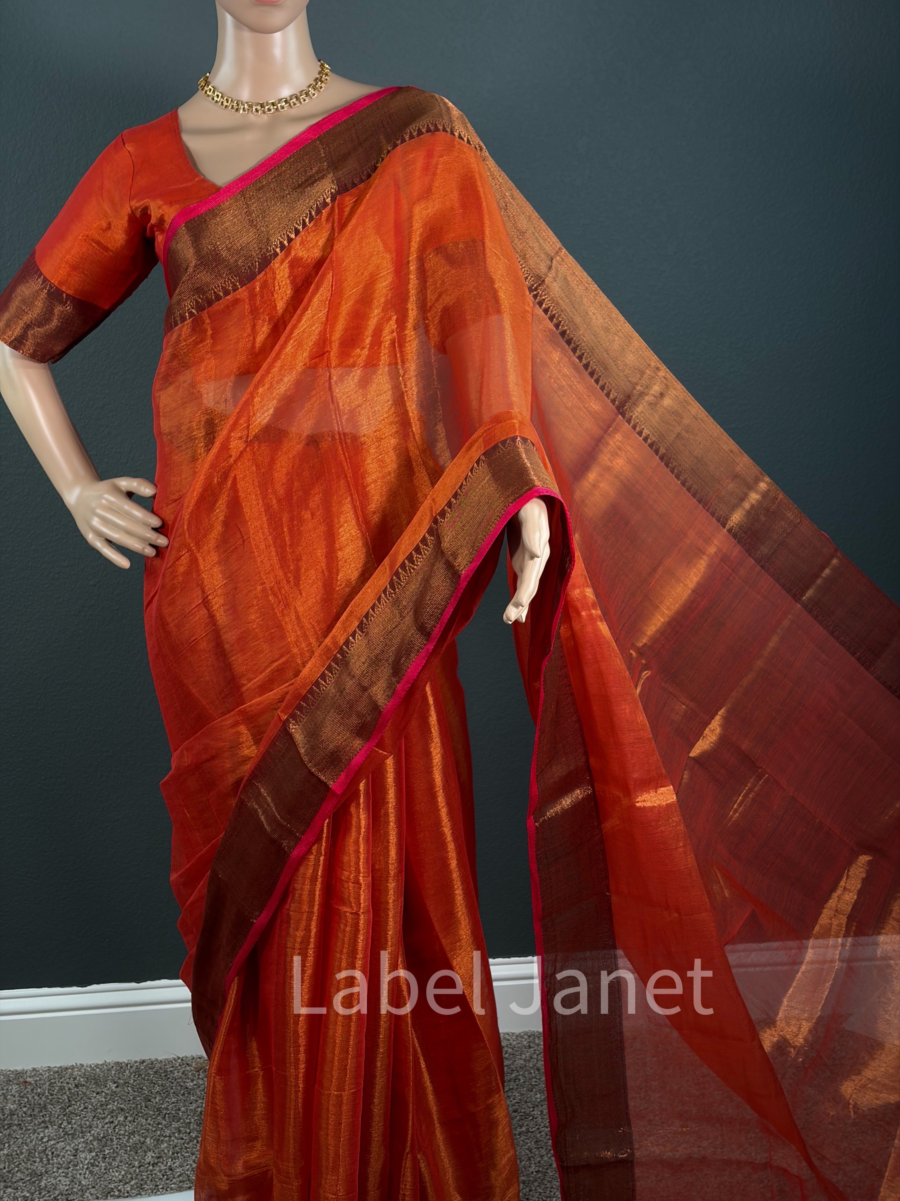 Glass Tissue Silk Saree with Princess-Cut Stitched Blouse (36-42")