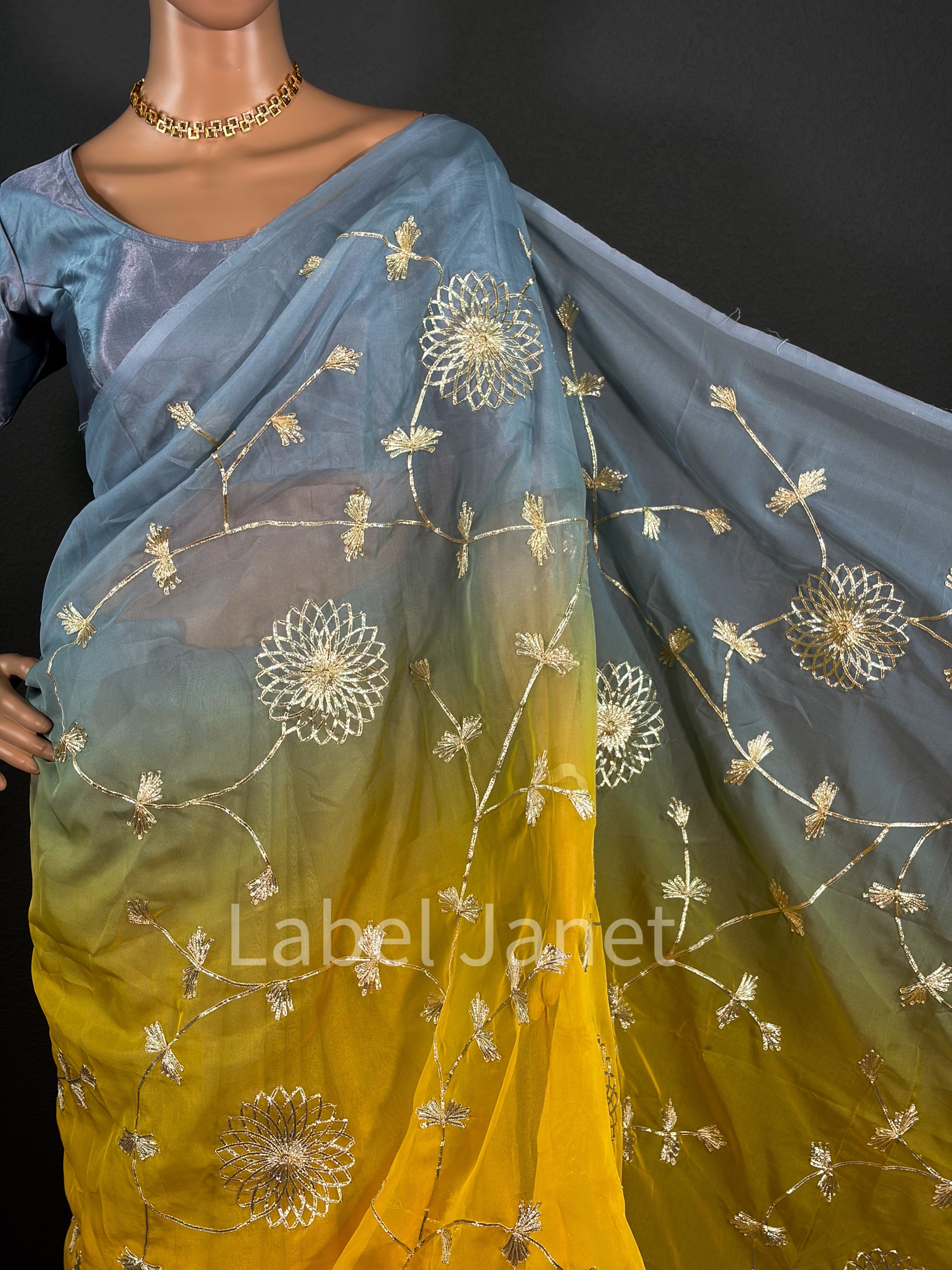 Embroidered Dual Shaded Saree with Stitched Blouse (Alterable 36-42")