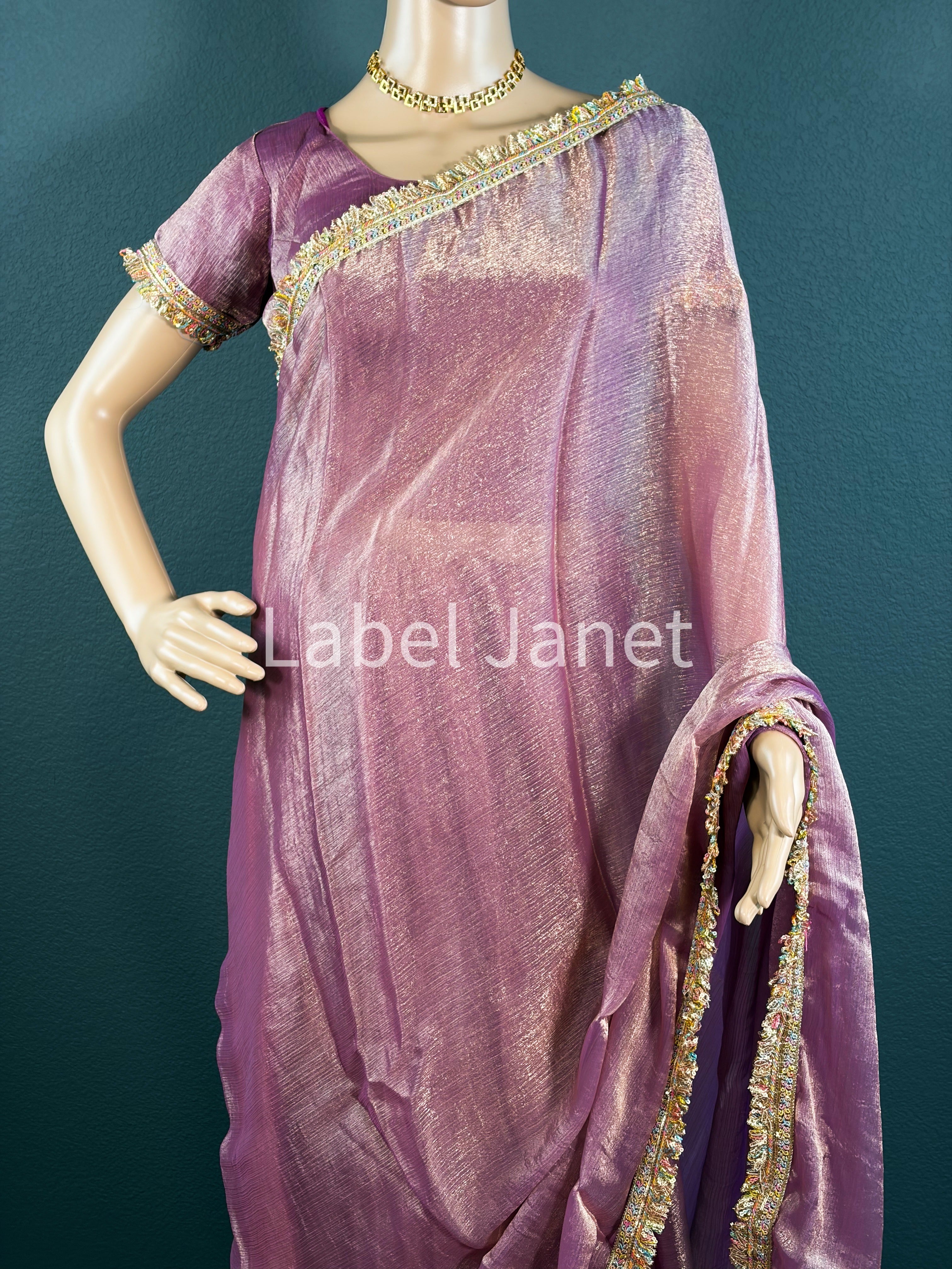 Dusty Rose Plain Saree with Multicolor Lace Border with Stitched Blouse | Party Wear