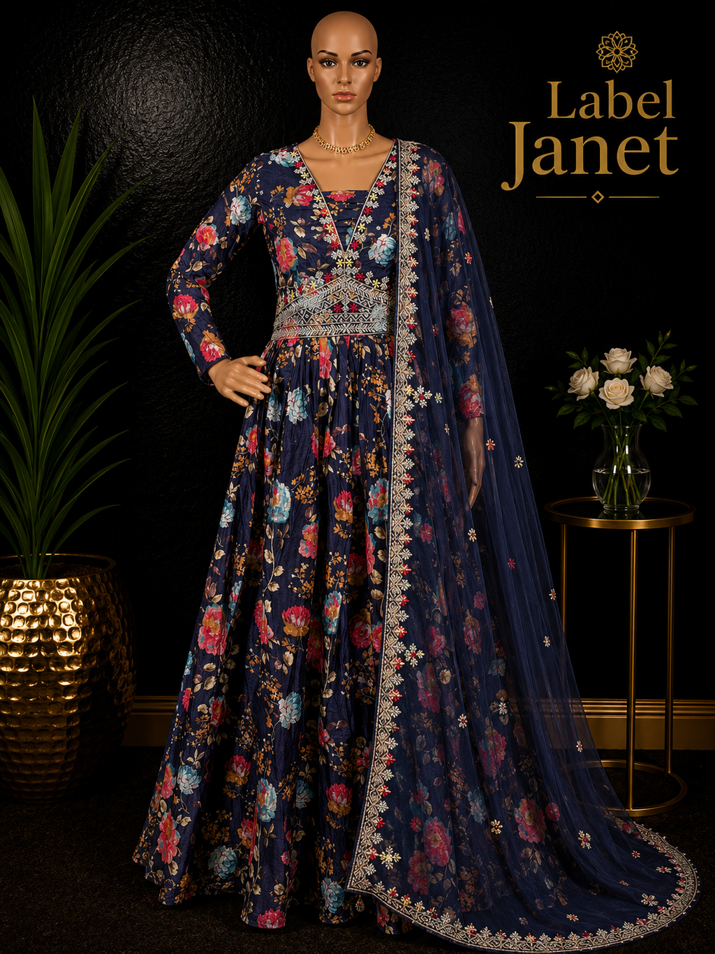 Navy Nandhavanam  - Blue Floral Anarklai Gown for women (M up to L)