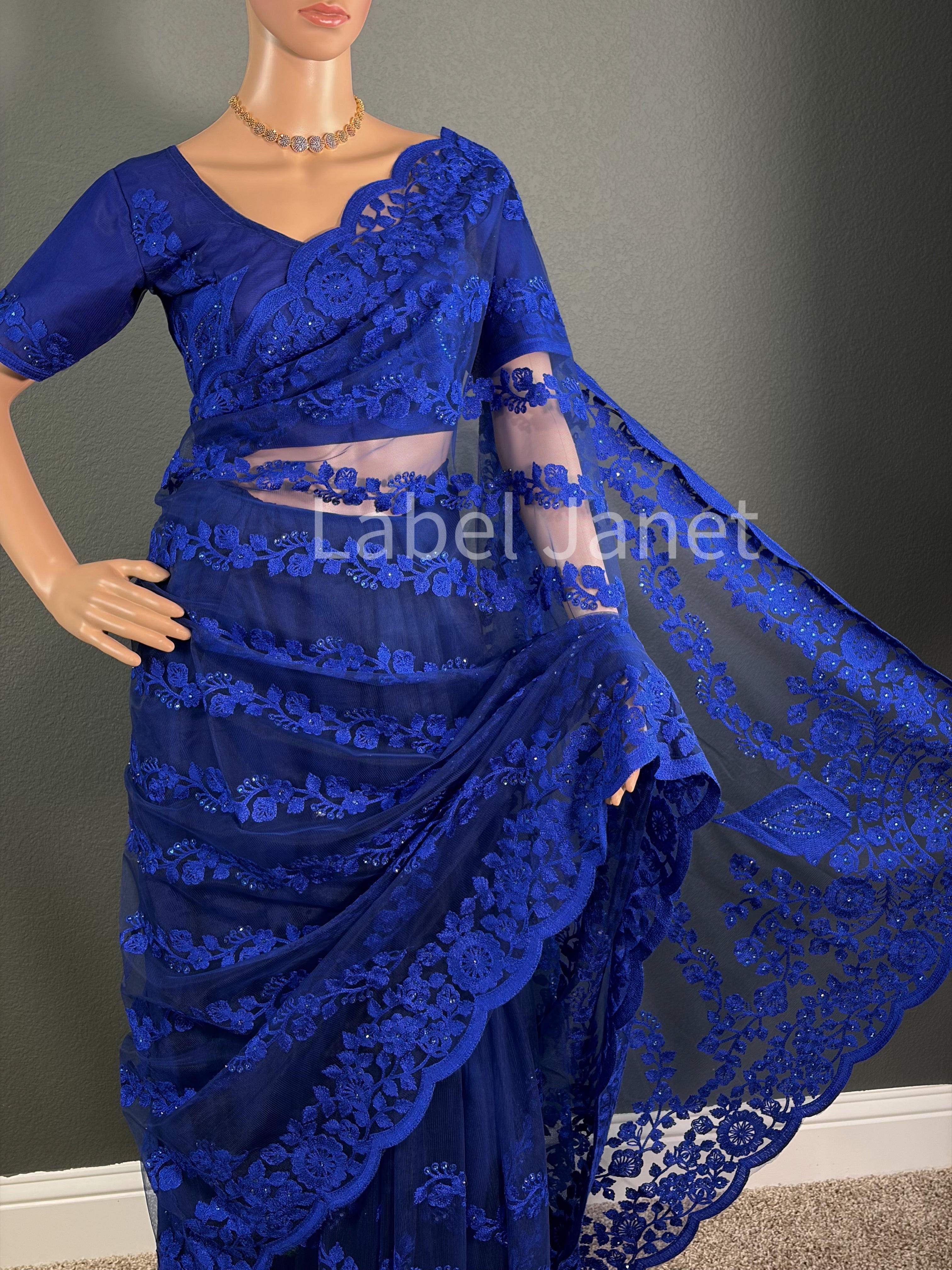 Blue Embroidered Net Designer Saree with stitched Blouse | Alterable (36" - 42")