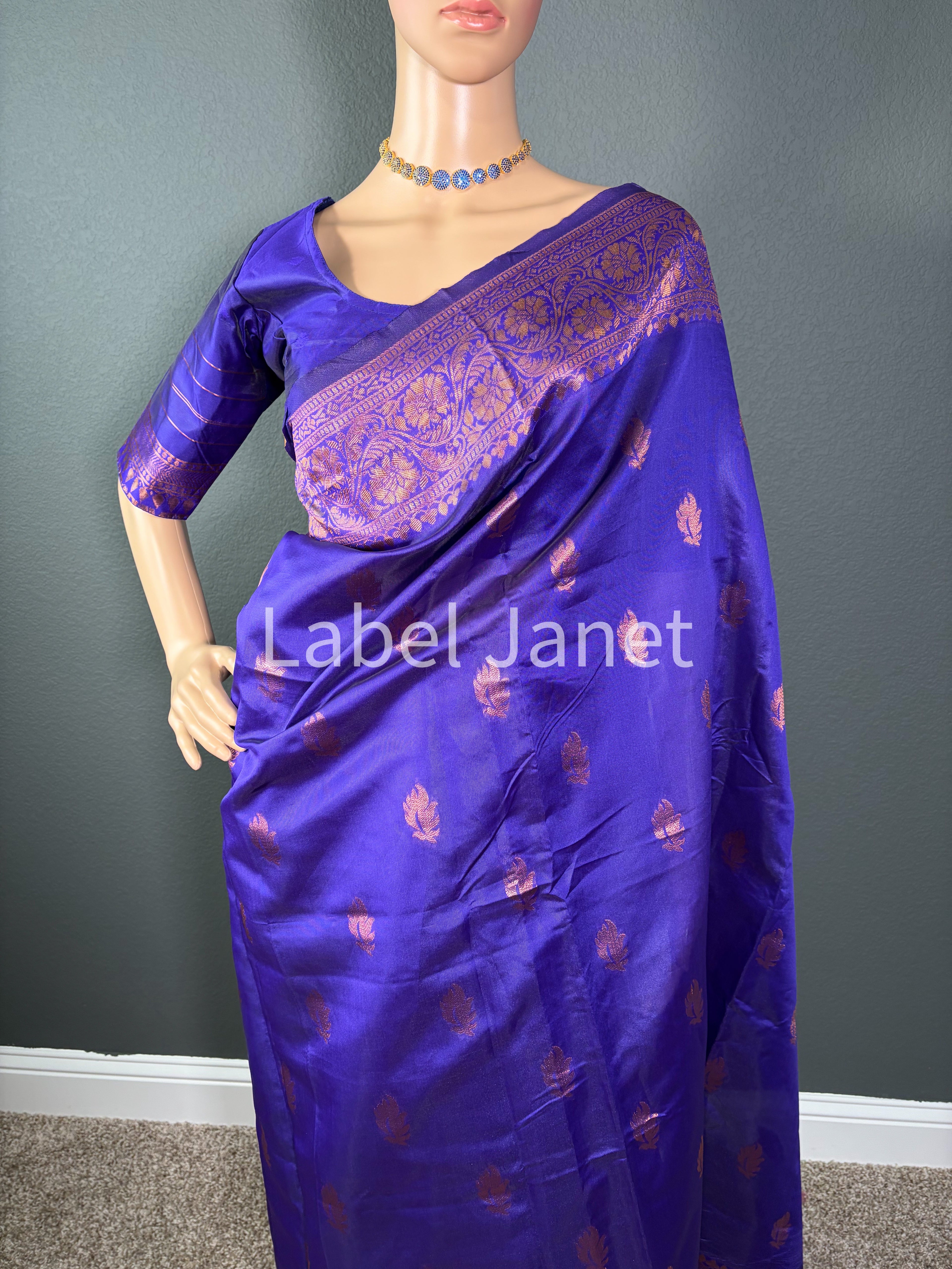 Blue Banarasi Soft Silk Saree with Stitched Blouse (36" - 42")