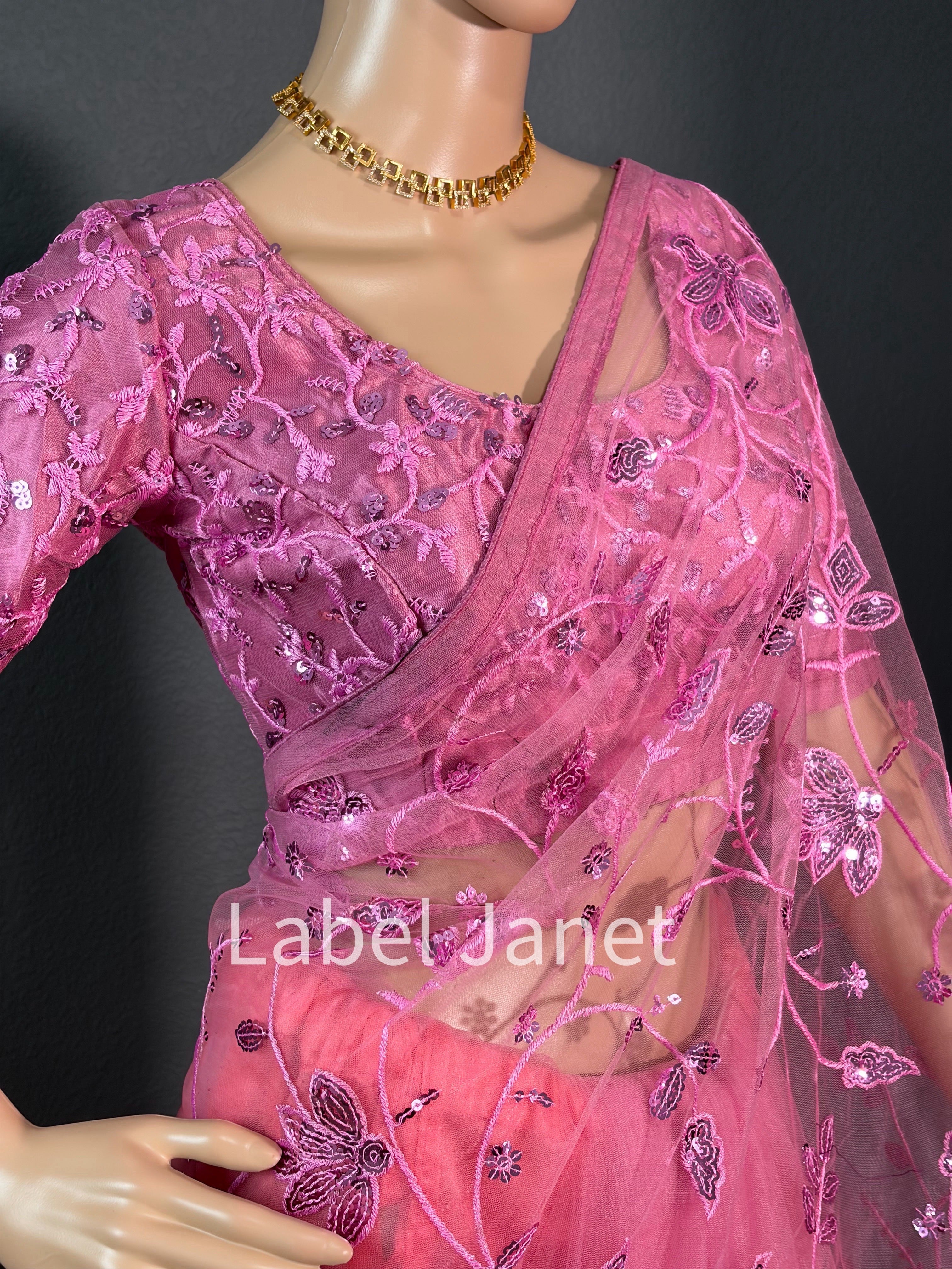 Pink Wink - Party wear netted saree with blouse