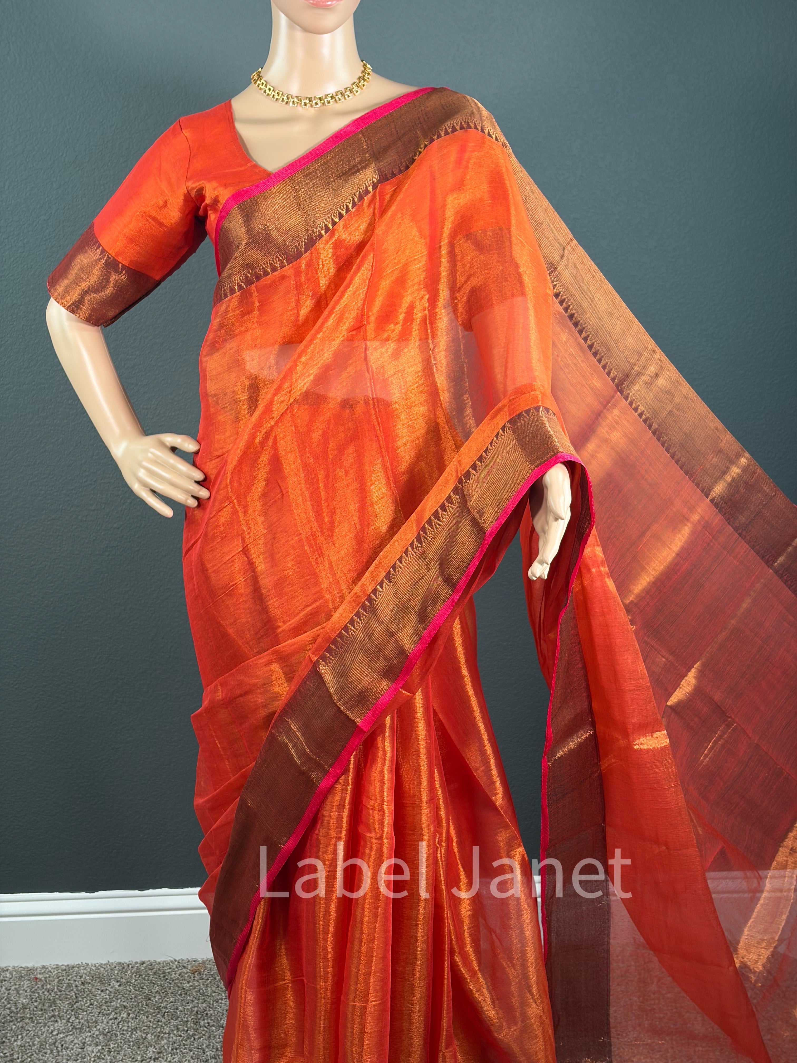 Glass Tissue Silk Saree with Princess-Cut Stitched Blouse (36-42")