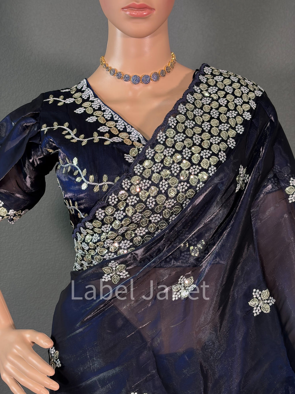 Dark Blue Jimmy Choo Silk Sequence Saree with Stitched Blouse | Alterable ( 38" - 42")