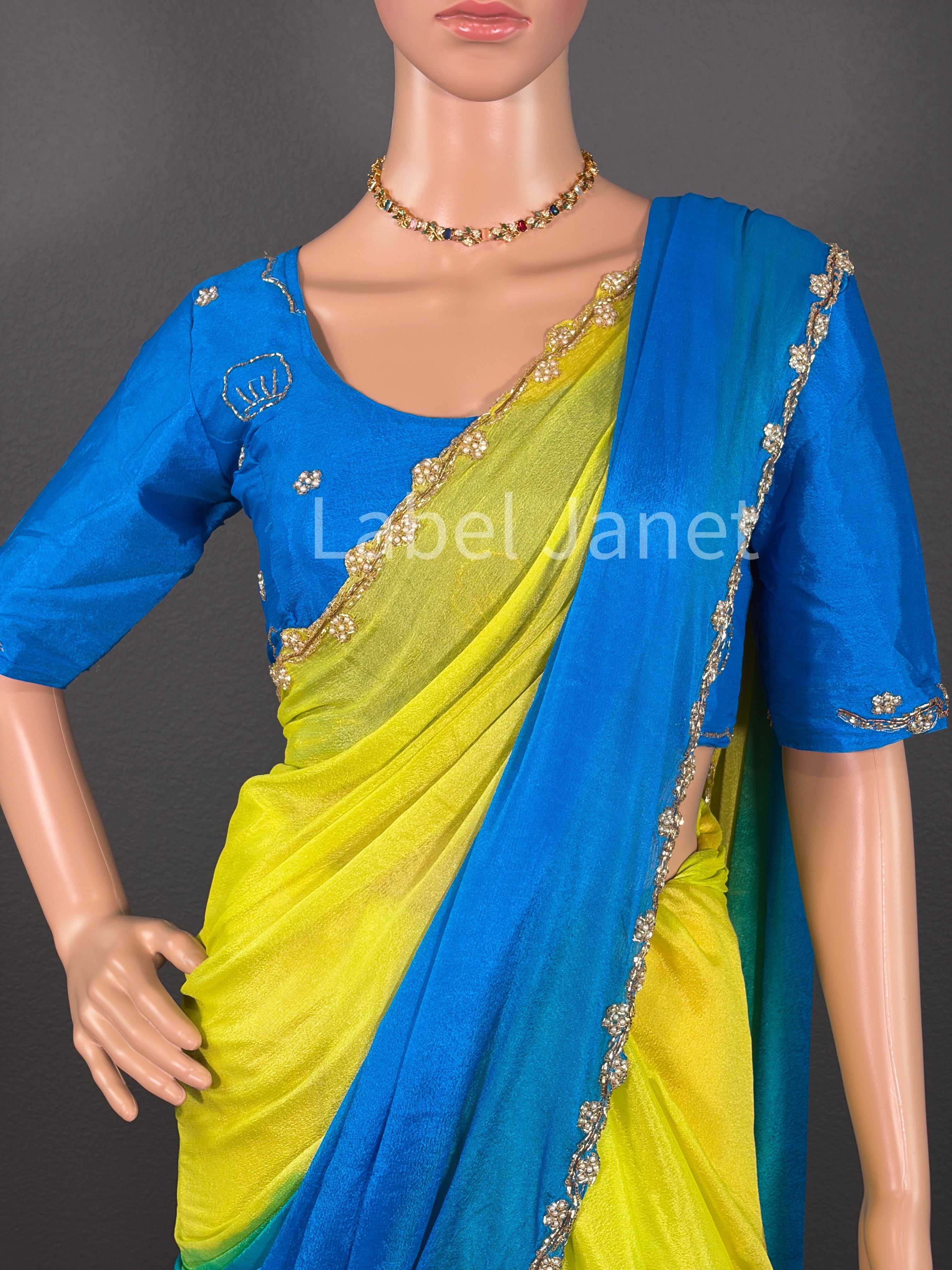 Dual Shaded Chinon Silk  Moti Handwork Saree with Stitched Blouse | Alterable (36" -42")