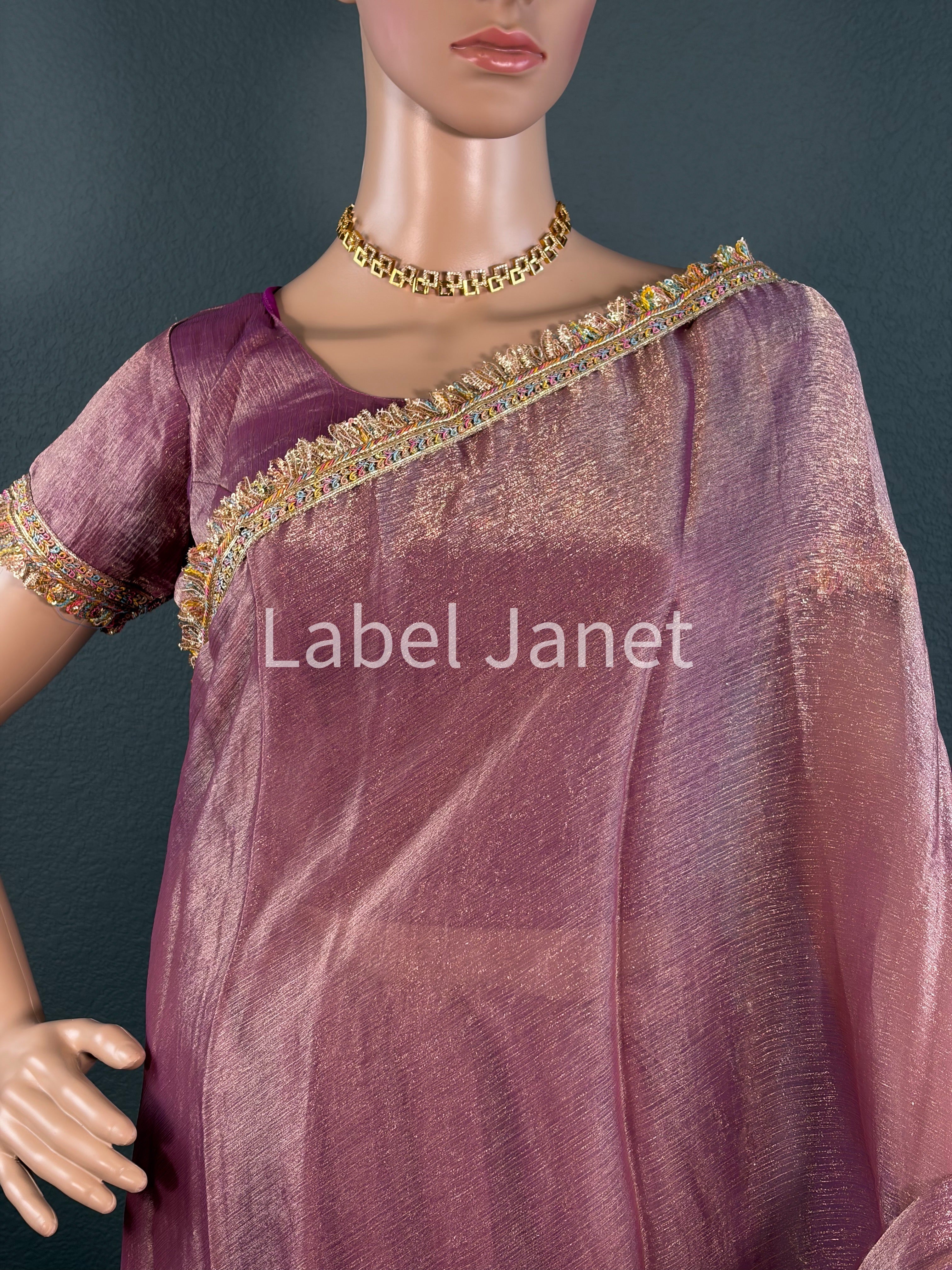 Dusty Rose Plain Saree with Multicolor Lace Border with Stitched Blouse | Party Wear