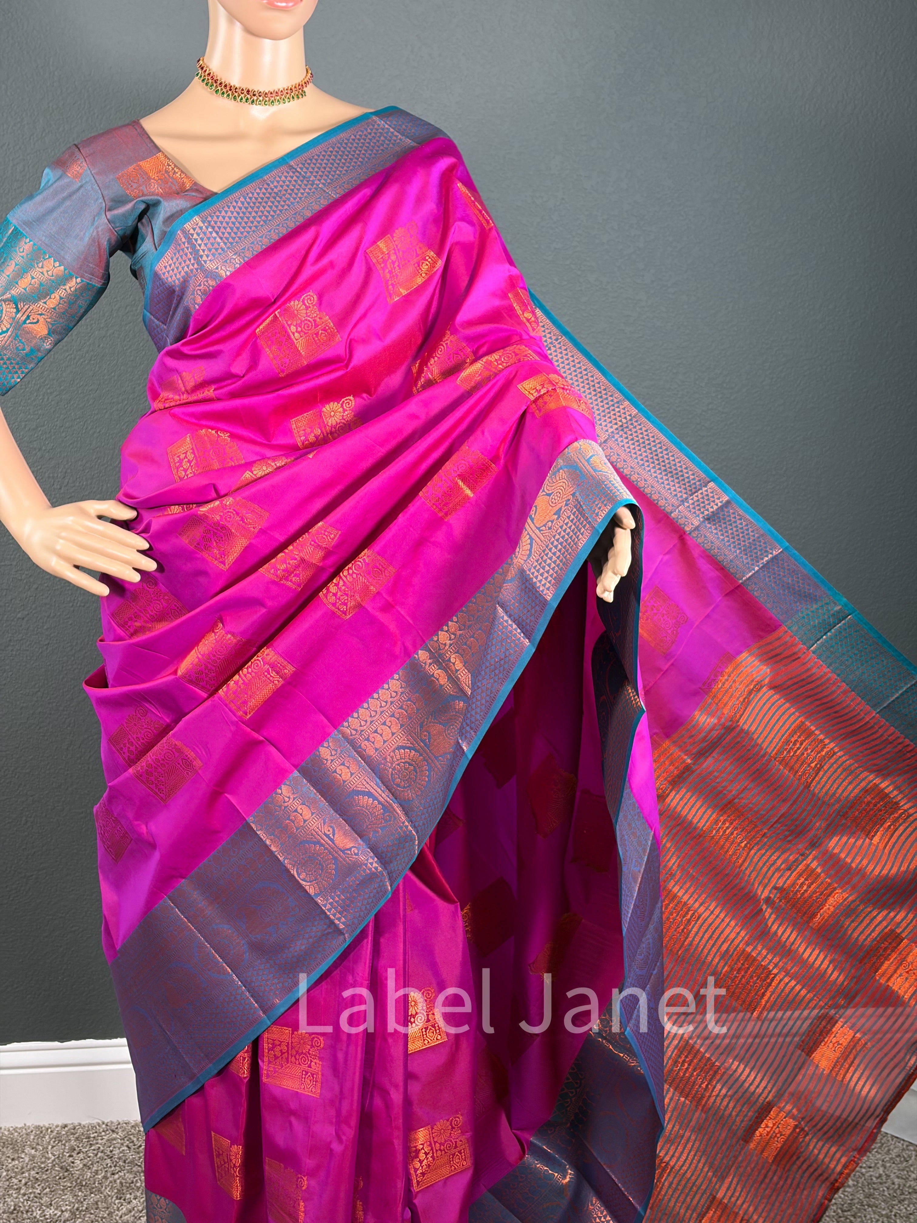 Pink Lotus Motif Silk - Kota silk saree with blouse