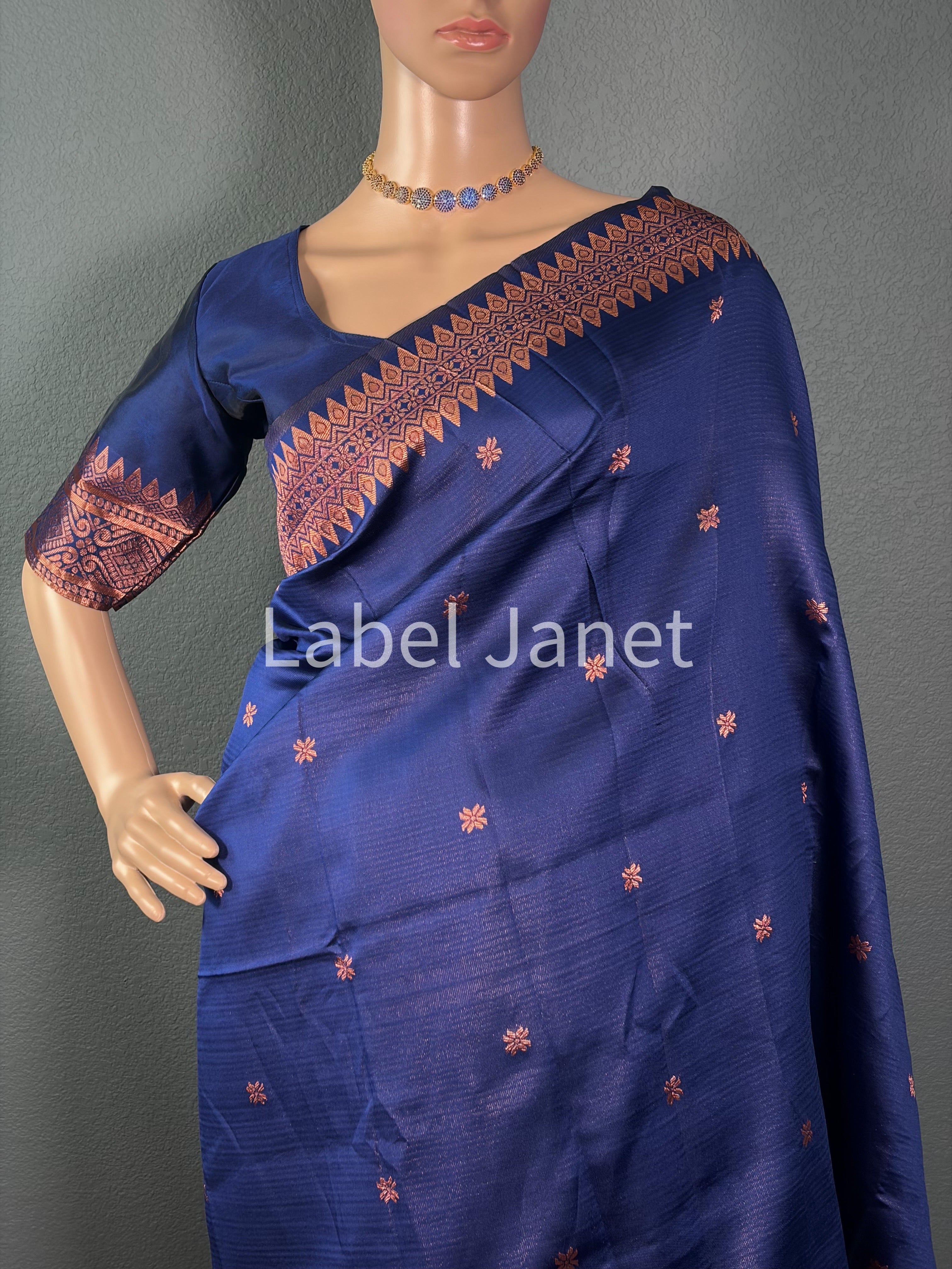 Blue Banarasi Soft Silk Saree with Stitched Blouse (36" - 42")