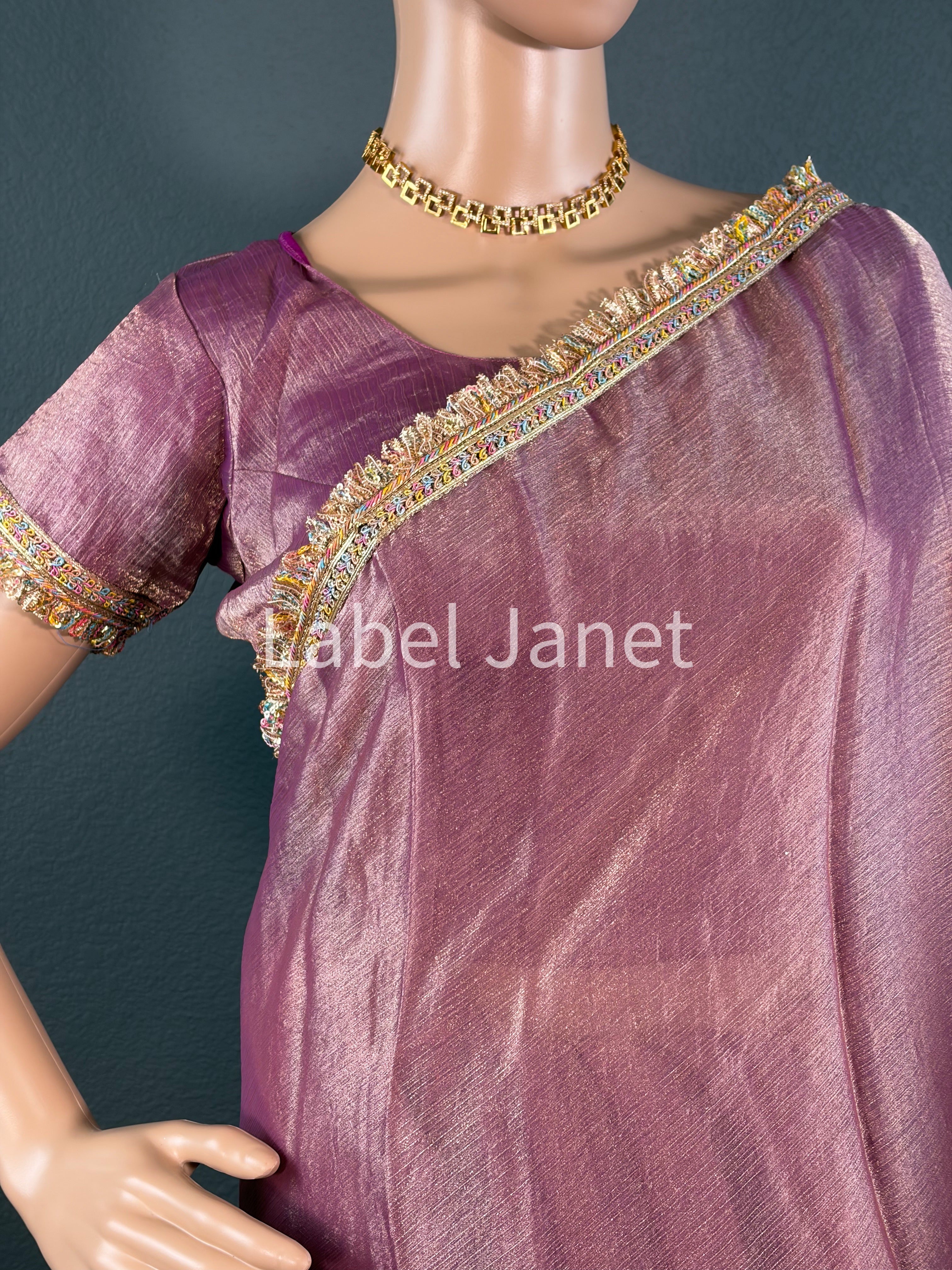 Dusty Rose Plain Saree with Multicolor Lace Border with Stitched Blouse | Party Wear