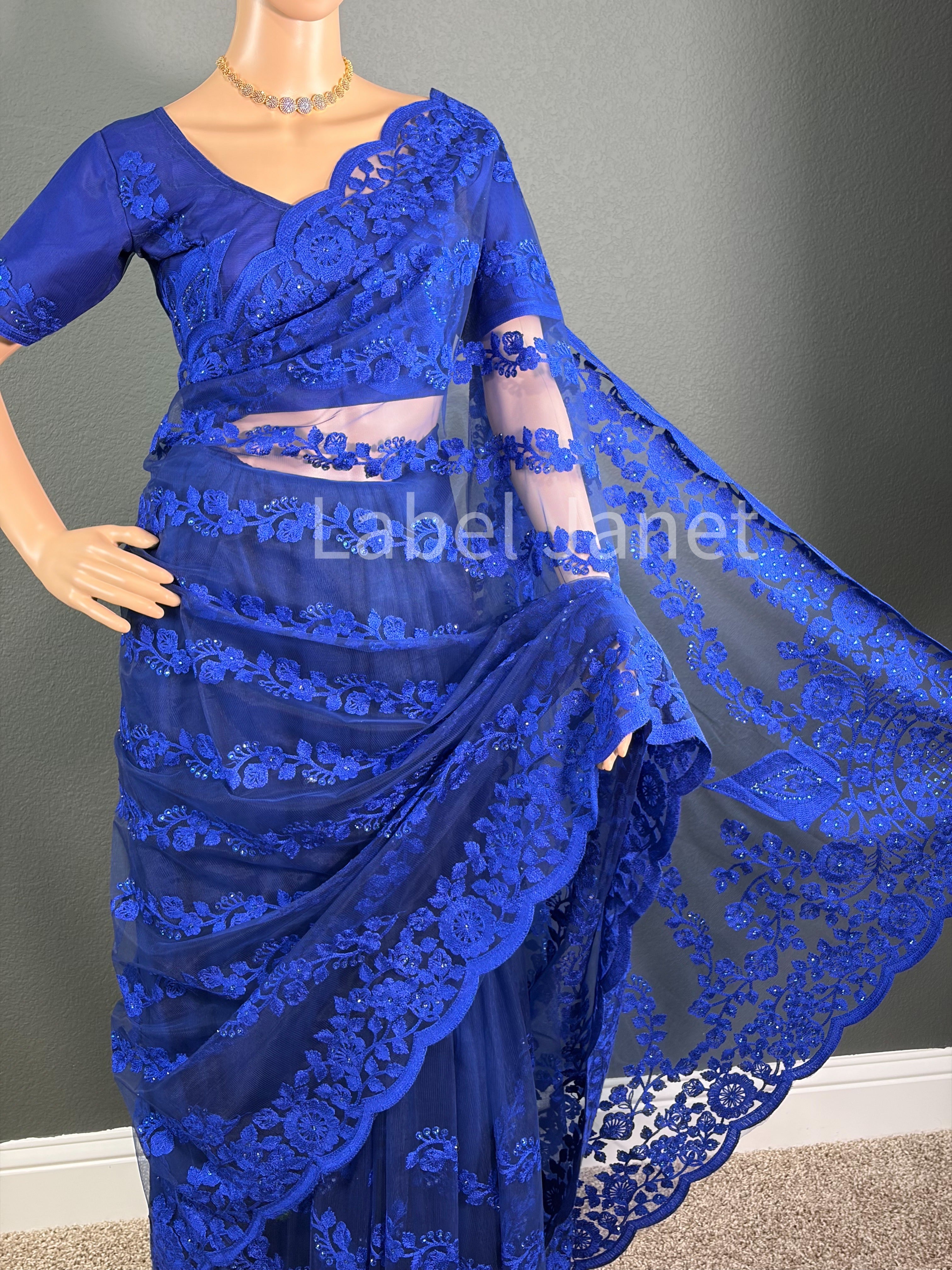 Blue Embroidered Net Designer Saree with stitched Blouse | Alterable (36" - 42")