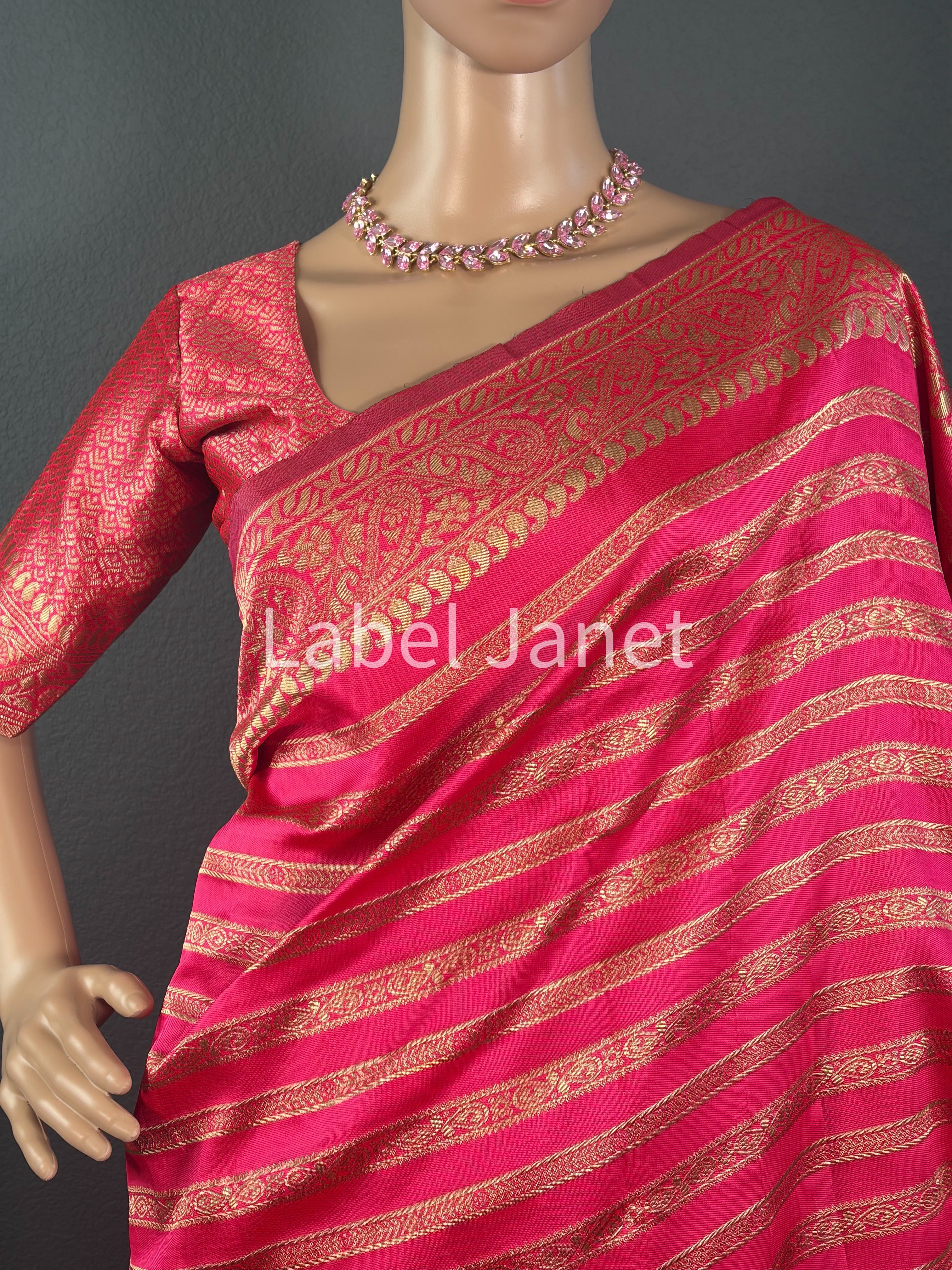 Pink Aura Striped Saree - Banarasi Silk Saree with Blouse