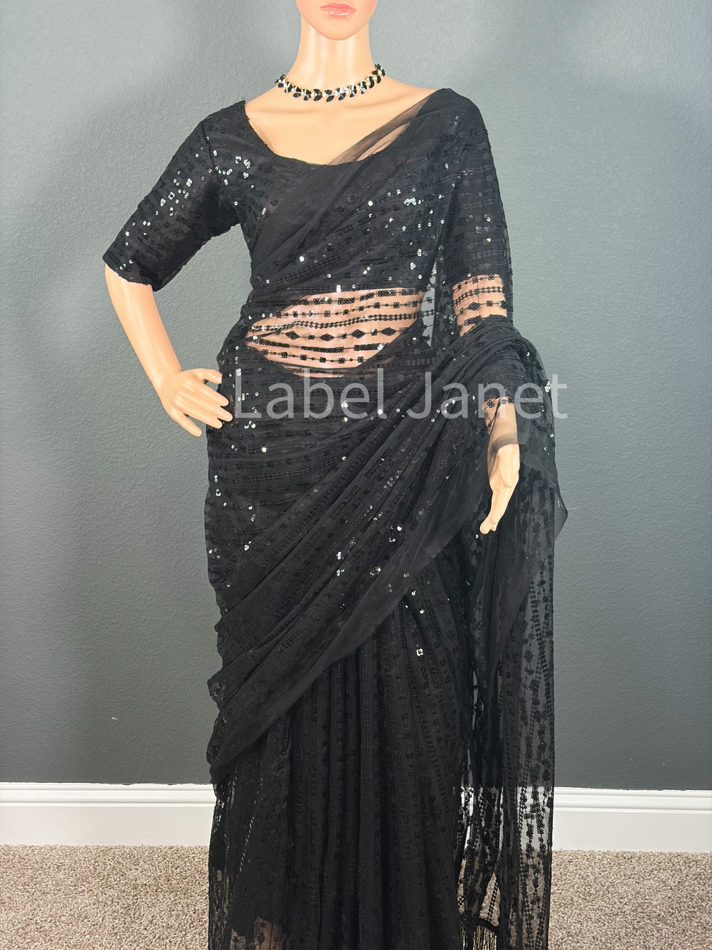 Starry Night Party Net - Black party wear net saree