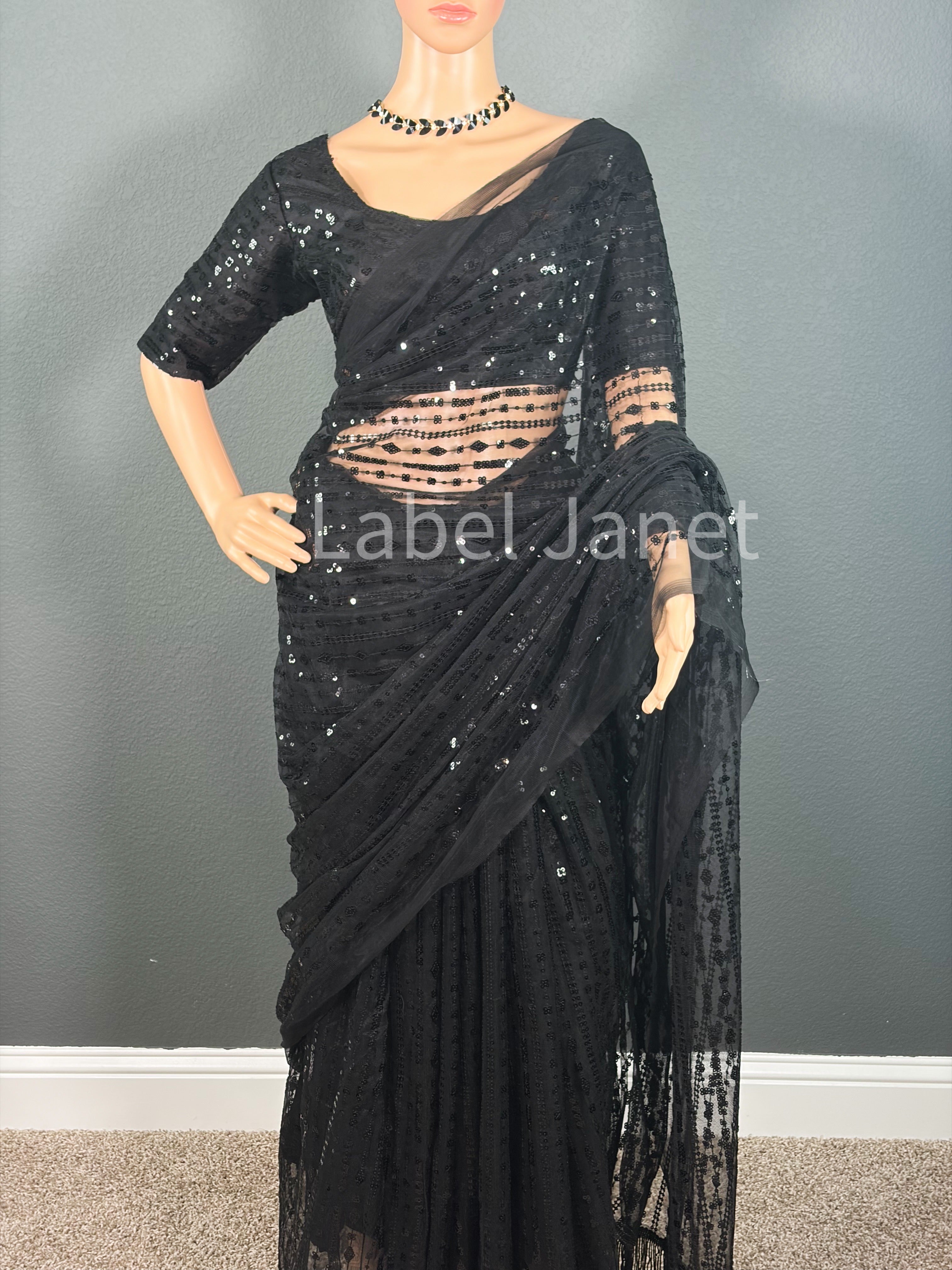 Starry Night Party Net - Black party wear net saree