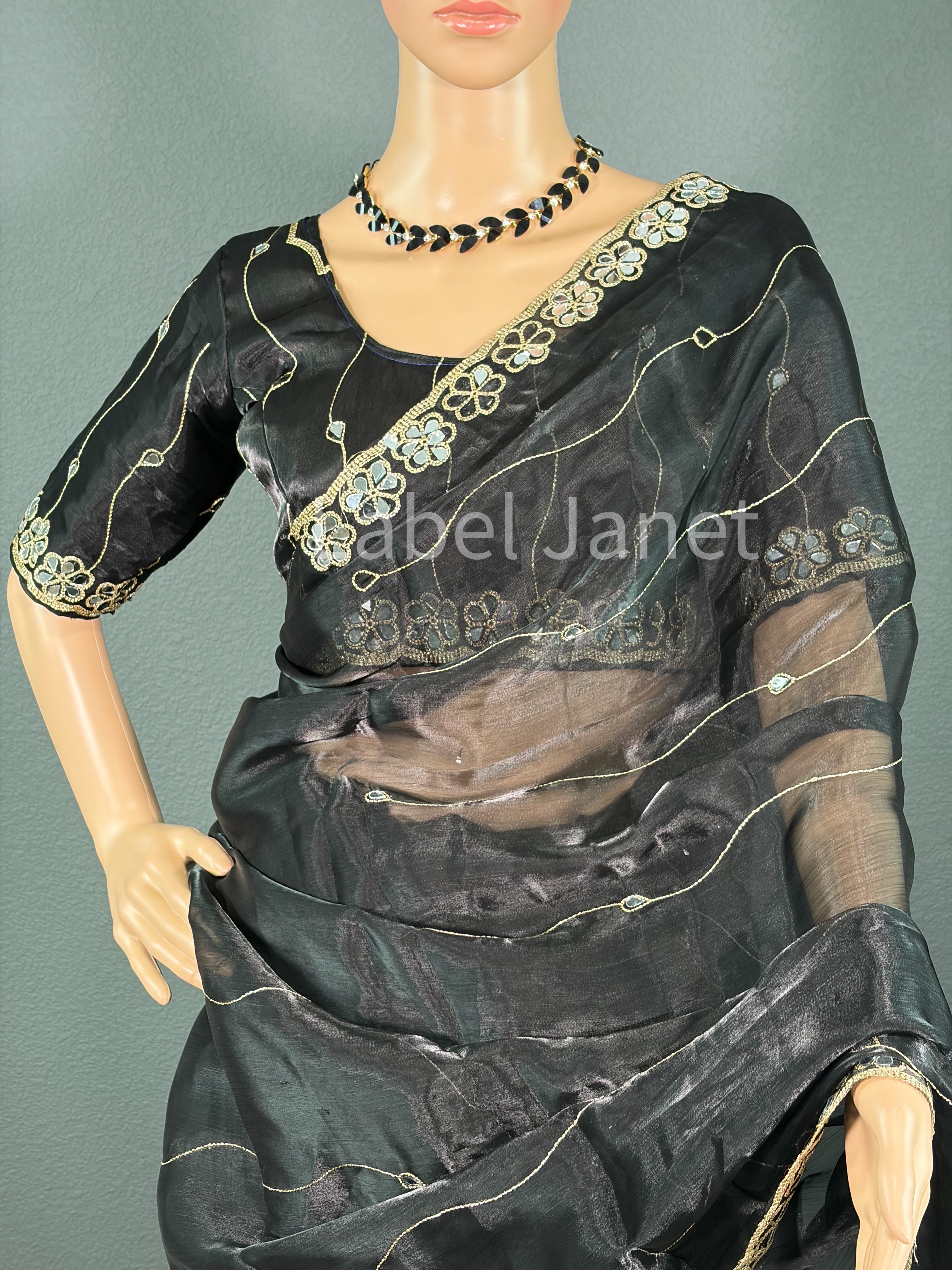 Black Organza Saree with stitched blouse | Alterable (36" - 42") | Party wear | Indian saree