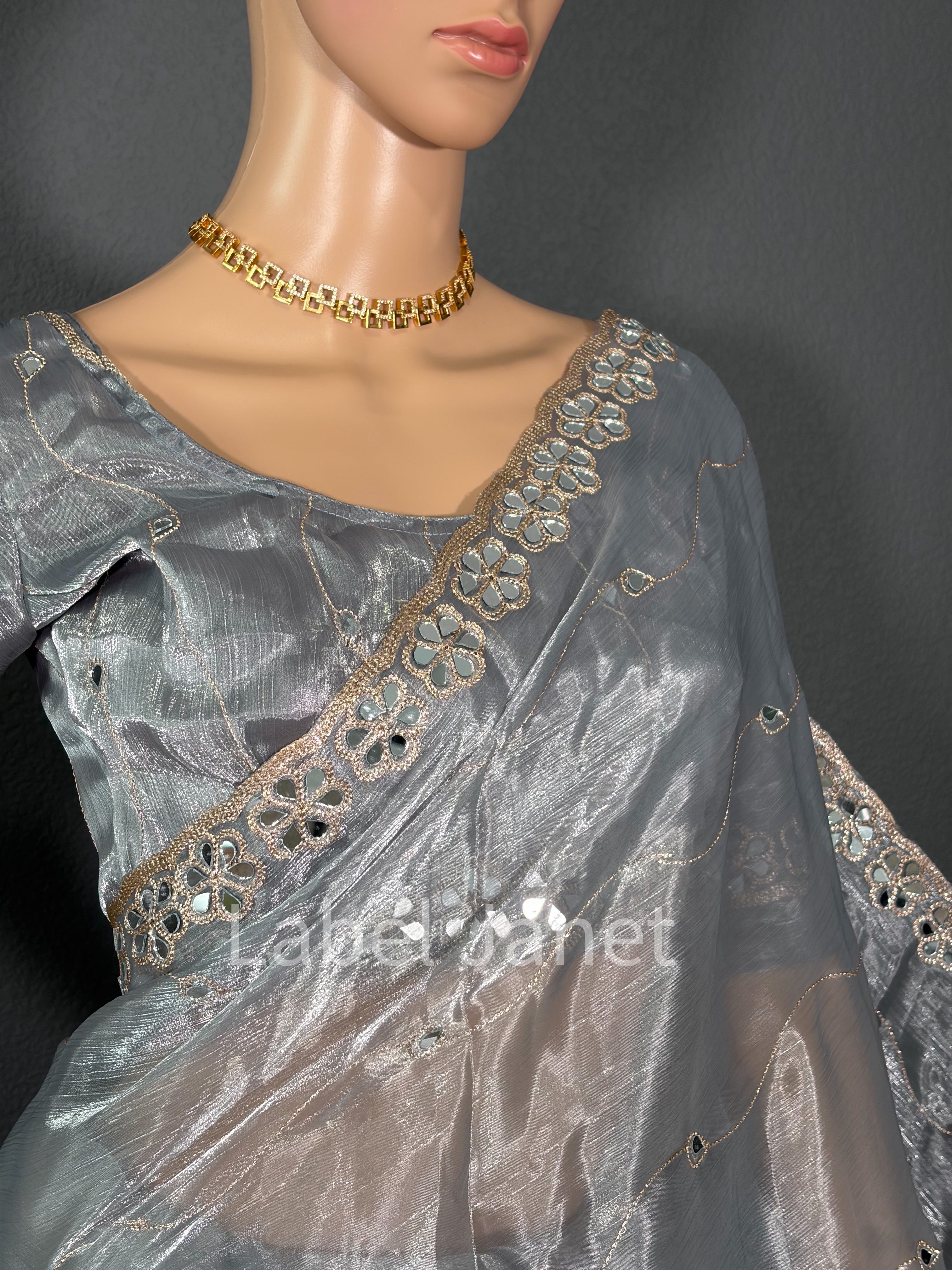 Starlight Silver - Grey Mirror work saree