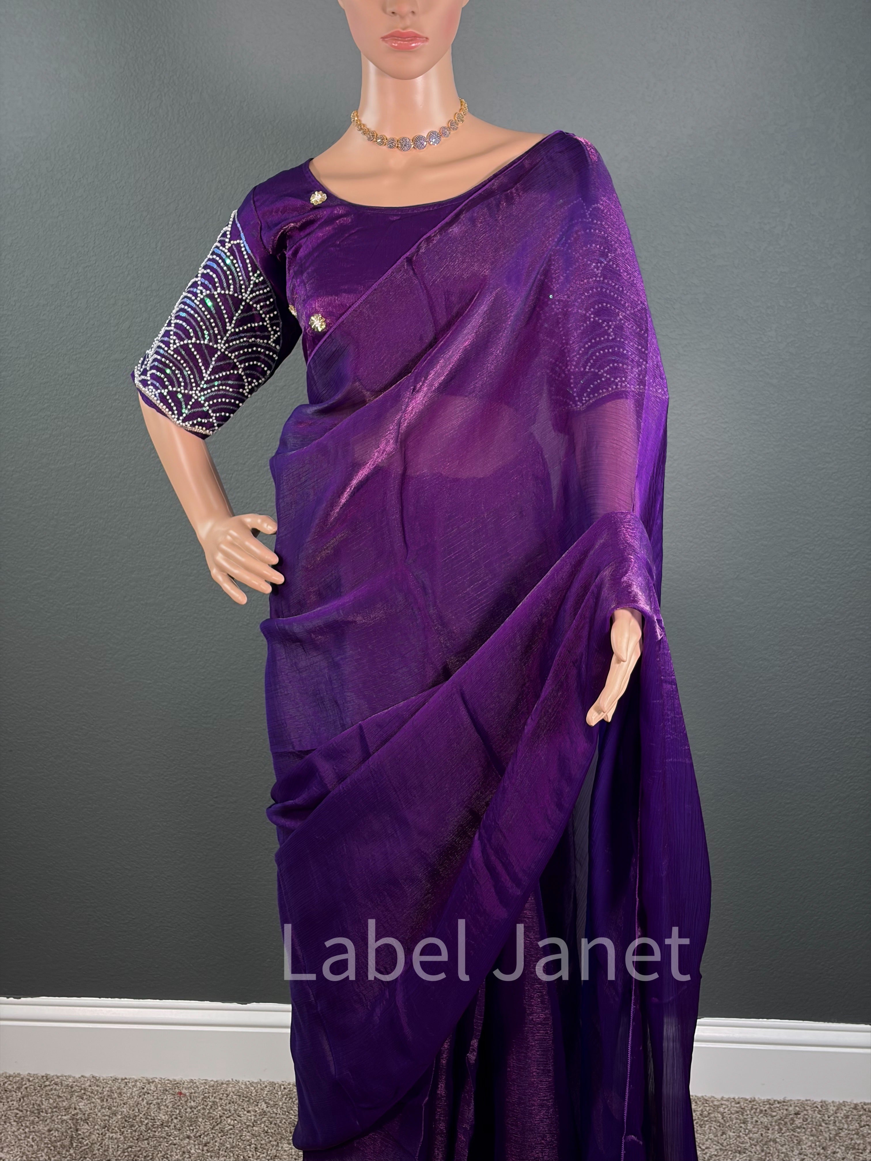 Dark Purple Plain  Space silk saree with stitched blouse (36" - 42")